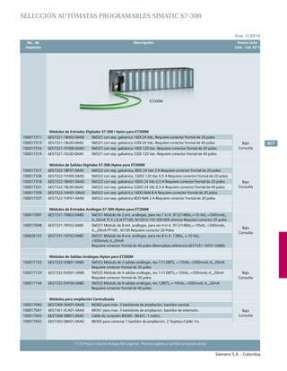 No. de	 Descripción	 Precio Lista
	 Depósito		 Unit. - Col. $(*)
Ene. 1/2014
Siemens S.A. - Colombia
6/7
(*) El Precio Lista no incluye IVA vigente - Precios sujetos a cambio sin previo aviso
SELECCIÓN autómatas programables SIMATIC S7-300
Módulos de Entradas Digitales S7-300 / Aptos para ET200M
100017311 6ES7321-1BH02-0AA0 SM321 con sep. galvánica 16DI 24 Vdc, Requiere conector frontal de 20 polos
Bajo
Consulta
100017313 6ES7321-1BL00-0AA0 SM321 con sep. galvánica 32DI 24 Vdc. Requiere conector frontal de 40 polos
100017316 6ES7321-1FH00-0AA0 SM321 con sep. galvánica 16DI 120 Vac. Requiere conector frontal de 20 polos
100017314 6ES7321-1EL00-0AA0 SM321 con sep. galvánica 32DI 120 Vac. Requiere conector frontal de 40 polos
Módulos de Salidas Digitales S7-300 /Aptos para ET200M
100017317 6ES7322-1BF01-0AA0 SM322 con sep. galvánica, 8DO 24 Vdc 2 A Requiere conector frontal de 20 polos
Bajo
Consulta
100017336 6ES7322-1FH00-0AA0 SM322 con sep. galvánica, 16DO 120 Vac 0,5 A Requiere conector frontal de 20 polos
100017318 6ES7322-1BH01-0AA0 SM322 con sep. galvánica 16DO 24 Vdc 0,5 A Requiere conector frontal de 20 polos
100017331 6ES7322-1BL00-0AA0 SM322 con sep. galvánica 32DO 24 Vdc 0,5 A Requiere conector frontal de 40 polos
100017339 6ES7322-1HH01-0AA0 SM322 con sep. galvánica 16DO Relé 8 A Requiere conector frontal de 20 polos
100017337 6ES7322-1HF01-0AA0 SM322 con sep. galvánica 8DO Relé 2 A Requiere conector frontal de 20 polos
Módulos de Entradas Análogas S7-300 /Aptos para ET200M
100017097 6ES7331-7KB02-0AB0 SM331 Módulo de 2 ent. análogas, para res 1 in A. 9/12/14Bits,+-10 Vdc,-+500mvdc,
4,,20mA TC E,J,K,N PT100, Ni100 0-150-300-600 ohmios Requiere conector 20 polos
Bajo
Consulta
100017098 6ES7331-7KF02-0AB0 SM331 Módulo de 8 ent. análogas, para res 4 in A. 9/12/14Bits,+-10Vdc,-+500mvdc,
4,,,20mA PT100 , Ni100 Requiere conector 20 Polos
100026155 6ES7331-1KF02-0AB0 SM331 Módulo de 8 ent. análogas, para res 8 in A. 13Bits, +-10 Vdc,-
+500mvdc,4,,20mA
Requiere conector frontal de 40 polos (Reemplaza referencia 6ES7331-1KF01-0AB0)
Módulos de Salidas Análogas /Aptos para ET200M
100017103 6ES7332-5HB01-0AB0 SM332 Módulo de 2 salidas análogas, res.11/12BITS, +-10Vdc,-+500mvdc,4,,,20mA
Requiere conector frontal de 20 polos
Bajo
Consulta
100017129 6ES7332-5HD01-0AB0 SM332 Módulo de 4 salidas análogas, res.11/12BITS,+-10Vdc,-+500mvdc,4,,,20mA
Requiere conector frontal de 20 polos
100017144 6ES7332-5HF00-0AB0 SM332 Módulo de 8 salidas análogas, res.12BITS, +-10Vdc,-+500mvdc,4,,,20mA
Requiere conector frontal de 40 polos
Módulos para ampliación Centralizada
100017040 6ES7360-3AA01-0AA0 IM360 para máx. 3 bastidores de ampliación, bastidor central.
Bajo
Consulta
100017041 6ES7361-3CA01-0AA0 IM361 para max. 3 bastidores de ampliacion, bastidor de extensión.
100017043 6ES7368-3BB01-0AA0 Cable de conexión IM360 - IM361, 1 metro.
100017042 6ES7365-0BA01-0AA0 IM365 para conectar 1 bastidor de ampliacion, 2 Tarjetas+Cable 1m.
ET200M
 