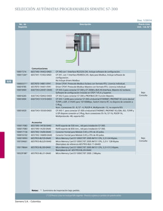 No. de	 Descripción	 Precio Lista
	 Depósito		 Unit. - Col. $(*)
Ene. 1/2014
Siemens S.A. - Colombia
6/8
(*) El Precio Lista no incluye IVA vigente - Precios sujetos a cambio sin previo aviso
SELECCIÓN autómatas programables SIMATIC S7-300
Notas:	 1)
	 Suministro de importación bajo pedido.
Comunicaciones
100017216 6ES7340-1AH02-0AE0 CP 340 con 1 Interface RS232(V.24). Incluye software de configuración.
Bajo
Consulta
1000172641)
6ES7341-1CH02-0AE0 CP 341, con 1 Interface RS485(V.24). Apta para Modbus, Incluye software de
configuracion.
No incluye drivers Modbus
1000033711)
6ES7870-1AB01-0YA1 Driver CP341 Protocolo Modbus Esclavo con formato RTU. Licencia individual.
100019785 6ES7870-1AA01-0YA1 Driver CP341 Protocolo Modbus Maestro con formato RTU. Licencia individual.
100016969 6GK7343-2AH01-0XA0 CP 343-2 para conectar S7-300 y ET 200M a BUS AS-Interface, Maestro 62 esclavos.
Software de configuración incluido en STEP 7 V5.X y Superior.
100016265 6GK7342-5DA02-0XE0 CP 342-5 para conectar S7-300 a PROFIBUS DP, Función Maestro.
100016904 6GK7343-1CX10-0XE0 CP 343-1 LEAN para conectar S7-300 a Industrial Ethernet, PROFINET IO como device/
TCP/IP y UDP, 2 X RJ45 para 10/100Mbps, Switch interno RT, no dispone de conexión a
C-Plug,
Num. Conexiones S5 - 8, S7 - 4, PG/OP-4, Multiprocolo -12, no soporta ISO.
100016920 6GK7343-1EX30-0XE0 CP 343-1 para conectar S7-300 a Industrial Ethernet, PROFINET IO,/CBA, ISO, TCP/IP y
U DP dispone conexión a C-Plug, Num conexiones S5-16, S7-16, PG/OP-16,
Multiprotocolo -48, soporta ISO.
Accesorios
100017082 6ES7390-1AF30-0AA0 Perfil soporte de 530 mm., riel para instalación S7-300.
Bajo
Consulta
100017083 6ES7390-1AJ30-0AA0 Perfil soporte de 830 mm., riel para instalación S7-300.
100017136 6ES7392-1AJ00-0AA0 Conector frontal para Módulo S I/O y CPU de 20 polos.
100016102 6ES7392-1AM00-0AA0 Conector frontal para Módulo S I/O y CPU de 40 polos.
100019993 6ES7953-8LF20-0AA0 Micro Memory Card S7-300/C7/ET 200S IM151 CPU, 3,3 V 64 Kbytes.
100104661 6ES7953-8LG20-0AA0 Micro Memory Card S7-300/C7/ET 200S IM151 CPU, 3,3 V 128 Kbytes
(Reemplazo de referencia 6ES7953-8LG 11-0AA0)
100178664 6ES7953-8LJ30-0AA0 Micro Memory Card S7-300/C7/ET 200S IM151 CPU, 3,3 V 512 Kbytes.
Reemplaza la ref. 6ES7953-8LJ20-0AA0
1002291881)
6ES7953-8LL31-0AA0 Micro Memory Card S7-300/C7/ET 200S 2 Mbytes.
 