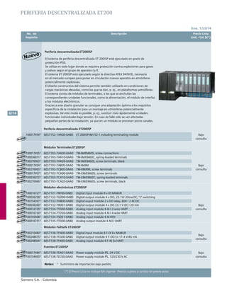 No. de	 Descripción	 Precio Lista
	 Depósito		 Unit. - Col. $(*)
Ene. 1/2014
Siemens S.A. - Colombia
6/14
(*) El Precio Lista no incluye IVA vigente - Precios sujetos a cambio sin previo aviso
Notas:	 1)
	 Suministro de importación bajo pedido.
Periferia descentralizada ET200iSP
1000174541)
6ES7152-1AA00-0AB0 ET 200iSP-IM152-1 including terminating module Bajo
consulta
Módulos Terminales ET200iSP
1000174551)
6ES7193-7AA00-0AA0 TM-IM/EM60S, screw connections
Bajo
consulta
1000360711)
6ES7193-7AA10-0AA0 TM-IM/EM60C, spring-loaded terminals
1002769631)
6ES7193-7AA20-0AA0 TM-IM/EM60S, screw terminals, black
1000174541)
6ES7193-7AB00-0AA0 TM-IM/IM
1002769651)
6ES7193-7CB00-0AA0 TM-RM/RM, screw terminals
1000174571)
6ES7193-7CA00-0AA0 TM-EM/EM60S, screw terminals
1000360721)
6ES7193-7CA10-0AA0 TM-EM/EM60C, spring-loaded terminals
1002769661)
6ES7193-7CA20-0AA0 TM-EM/EM60S, screw terminals, black
Módulos electrónicos ET200iSP
1000167271)
6ES7131-7RF00-0AB0 Digital input module 8 x DI NAMUR
Bajo
consulta
1000362581)
6ES7132-7GD00-0AB0 Digital output module 4 x DO, 23.1V/ 20ma DC, “L” switching
1001543971)
6ES7132-7HB00-0AB0 Digital ouput module 2 x DO relay, 60V / 2 AC/DC
1000362601)
6ES7132-7RD01-0AB0 Digital output module 4 x DO 23.1 V DC / 20 mA
1000167291)
6ES7134-7TD00-0AB0 Analog input module 4 AI I 2-wire HART
1000167301)
6ES7134-7TD50-0AB0 Analog input module 4 AI I 4-wire HART
1001555081)
6ES7134-7SD51-0AB0 Analog input module 4 AI RTD
1000167311)
6ES7135-7TD00-0AB0 Analog output module 4 AO I HART
Módulos FailSafe ET200iSP
1002104801)
6ES7138-7FN00-0AB0 Digital input module 8 F-DI Ex NAMUR
Bajo
consulta
1002484751)
6ES7138-7FD00-0AB0 Digital output module 4 F-DO Ex 17.4 V/40 mA
1002485041)
6ES7138-7FA00-0AB0 Analog input module 4 F-AI Ex HART
Fuentes ET200iSP
1000174841)
6ES7138-7EA01-0AA0 Power supply module PS, 24 V DC Bajo
consulta1001544001)
6ES7138-7EC00-0AA0 Power supply module PS, 120/230 V AC
El sistema de periferia descentralizada ET 200iSP está ejecutado en grado de
protección IP30.
Se utiliza en todo lugar donde se requiera protección contra explosiones para gases
y polvos según el grupo de aparatos I y II.
El sistema ET 200iSP está ejecutado según la directiva ATEX 94/9/CE, necesaria
en el mercado europeo para poner en circulación nuevos aparatos en atmósferas
potencialmente explosivas.
El diseño constructivo del sistema permite también utilizarlo en condiciones de
cargas mecánicas elevadas, como las que se dan, p. ej., en plataformas petrolíferas.
El sistema consta de módulos de terminales, a los que se enchufan las
correspondientes unidades funcionales, como la alimentación, el módulo de interfaz
y los módulos electrónicos.
Gracias a este diseño granular se consigue una adaptación óptima a los requisitos
específicos de la instalación para un montaje en atmósferas potencialmente
explosivas. De este modo es posible, p. ej., sustituir más rápidamente unidades
funcionales individuales bajo tensión. En caso de fallo sólo se ven afectadas
pequeñas partes de la instalación, ya que en un módulo se procesan pocos canales.
Nuevo
Nuevo
Nuevo
Nuevo
Nuevo
Nuevo
Nuevo
Nuevo
Nuevo
Nuevo
Nuevo
Nuevo
Nuevo
Nuevo
Nuevo
Nuevo
Nuevo
Nuevo
Nuevo
Nuevo
Nuevo
Nuevo
Periferia descentralizada ET200iSP
PERIFERIA DESCENTRALIZADA ET200
 