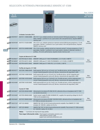 No. de	 Descripción	 Precio Lista
	 Depósito		 Unit. - Col. $(*)
Ene. 1/2014
Siemens S.A. - Colombia
6/20
(*) El Precio Lista no incluye IVA vigente - Precios sujetos a cambio sin previo aviso
Unidades Centrales CPU’s
Bajo
consulta
1002545611)
6ES7511-1AK00-0AB0 CPU 1511-1 pn, módulo central con memoria central 150 kb para programa y 1 mb para
datos, interfaz 1: profinet irt con 2 port switch, 60 ns bit-performance, requiere SIMATIC
memory card
1002545381)
6ES7513-1AL00-0AB0 CPU 1513-1 pn, módulo central con memoria central 300 kb para programa y 1,5 mb
para datos, interfaz 1: profinet irt con 2 port switch, 40 ns bit-performance, requiere
SIMATIC memory card
1002545391)
6ES7516-3AN00-0AB0 CPU 1516-3 pn/dp, módulo central con memoria central 1 mb para programa y 5 mb
para datos, interfaz 1: profinet irt con 2 port switch, interfaz 2: ethernet, interfaz 3:
profibus, 10 ns bit- performance, requiere simatic memory card
Tarjeta de Memoria S7-1500
1002486471)
6ES7954-8LC01-0AA0 MEMORY CARD para S7-1X00 CPU/SINAMICS, 3,3 V FLASH, 4 MBYTE
Bajo
consulta1001683921)
6ES7954-8LF01-0AA0 MEMORY CARD para S7-1X00 CPU/SINAMICS, 3,3 V FLASH, 24 MBYTE
1002545841)
6ES7954-8LP01-0AA0 MEMORY CARD para S7-1X00 CPU, 3,3 V FLASH, 2 GBYTE
Perfiles de Soporte S7-1500
1002545771)
6ES7590-1AB60-0AA0 Perfil soporte 160 mm (ca. 6,3 Inch); incl. Tornillo de tierra, rail din integrado para
montar material pequeño como p.Ej. Bornes, mecanismos de seguridad y relés
Bajo
consulta
1002545781)
6ES7590-1AE80-0AA0 Perfil soporte 482 mm (ca.19 Inch) incl. Tornillo de tierra, rail din integrado para
montar material pequeño como p.Ej. Bornes, mecanismos de seguridad y relés
1002545791)
6ES7590-1AF30-0AA0 Perfil soporte 530 mm (ca.13.8 Inch); incl. Tornillo de tierra, rail din integrado para
montar material pequeño como p.Ej. Bornes, mecanismos de seguridad y relés
1002545801)
6ES7590-1AJ30-0AA0 Perfil soporte 830 mm (ca.32,7 Inch); incl. Tornillo de tierra, rail din integrado para
montar material pequeño como p.Ej. Bornes, mecanismos de seguridad y relés
Fuente S7-1500
1002546071)
6ES7505-0KA00-0AB0 Alimentación de sistema ps 25w 24v dc, alimenta el bus en backplane del S7-1500
con tensión de servicio
Bajo
consulta
1002546081)
6ES7505-0RA00-0AB0 System power supply ps 60w 24/48/60v dc, supplies the operating voltage for the S7-
1500 via the backplane bus
1002546091)
6ES7507-0RA00-0AB0 Alimentación de sistema ps 60w 120/230v ac/dc, alimenta el bus en backplane del
S7-1500 con tensión de servicio
1002572291)
6EP1332-4BA00 Simatic pm 1507 24 v/3 a fuente alimentación estabiliz. Para simatic S7-1500
entrada: ac 120/230 v salida: dc 24 v/3 a
1002561711)
6EP1333-4BA00 Simatic pm 1507 24 v/8 a fuente alimentación estabiliz. Para simatic S7-1500 entrada:
ac 120/230 v salida: dc 24 v/8 a
SELECCIÓN autómata programable SIMATIC S7-1500
Notas:	 1)
	 Suministro de importación bajo pedido.
	
Para mayor información visite: http://support.automation.siemens.com
		 www.Siemens.com/S7-1500
			 support.aan.automation@siemens.com
Nuevo
Nuevo
Nuevo
Nuevo
Nuevo
Nuevo
Nuevo
Nuevo
Nuevo
Nuevo
Nuevo
Nuevo
Nuevo
Nuevo
Nuevo
 
