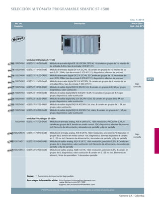 No. de	 Descripción	 Precio Lista
	 Depósito		 Unit. - Col. $(*)
Ene. 1/2014
Siemens S.A. - Colombia
6/21
(*) El Precio Lista no incluye IVA vigente - Precios sujetos a cambio sin previo aviso
Módulos IO Digitales S7-1500
Bajo
consulta
100254562 6ES7521-1BH50-0AA0 Módulo de entrada digital di 16 x dc24v, tipo m; 16 canales en grupos de 16; retardo de
las entradas 3,2ms; tipo de entrada 3 (cei 61131)
100254560 6ES7521-1BH00-0AB0 Módulo de entrada digital di 16 x dc24v, 16 canales en grupos de 16; retardo de las
entr.0,05..20Ms; tipo de entrada 3 (cei 61131); diagnóstico; alarmas de proceso
100254699 6ES7521-1BL00-0AB0 Módulo de entrada digital di 32 x dc24v, 32 canales en grupos de 16; retardo de las
entr. 0,05..20Ms tipo de entrada 3 (cei 61131); diagnóstico; alarmas de proceso
100254563 6ES7521-1FH00-0AA0 Módulo de entrada digital di 16 x ac230v, 16 canales en grupos de 4; retardo de las
entradas 20ms; tipo de entrada 1 (cei 61131)
100254566 6ES7522-1BF00-0AB0 Módulo de salida digital dq 8 x dc24v / 2a; 8 canales en grupos de 8; 8a por grupo;
diagnóstico; valor sustitución
100254564 6ES7522-1BH00-0AB0 Módulo de salida digital dq16 x dc24v / 0,5a; 16 canales en grupos de 8; 4a por
grupo; diagnóstico; valor sustitución
100254565 6ES7522-1BL00-0AB0 Módulo de salida digital dq 32 x dc24v / 0,5a; 32 canales en grupos de 8; 4a por
grupo; diagnóstico; valor sustitución
100254567 6ES7522-5FF00-0AB0 Módulo de salida digital dq 8 x ac230v / 2a; triac; 8 canales en grupos de 1; 2a por
grupo; valor sustitución
100254568 6ES7522-5HF00-0AB0 Módulo de salida digital dq 8 x ac230v / 5a; relais; 8 canales en grupos de 1; 5a por
grupo; diagnóstico; valor sustitución
Módulos IO Analogas S7-1500
Bajo
consulta
100254569 6ES7531-7KF00-0AB0 Módulos de entrada analog. Ai 8 x u/i/rtd/tc, 16bit resolución, precisión 0,3%, 8
canales en grupos de 8, tensión en modo comun 10v; diagnóstico; alarmas de proceso
incl.Elemento de alimentación, abrazadera de pantalla y clip de pantalla
100254570 6ES7531-7NF10-0AB0 Módulos de entrada analog. Ai 8 x u/i hs, 16bit resolución, precisión 0,3% 8 canales en
grupos de 8, tensión en modo comun 10v; diagnóstico; alarmas de proceso 8 canales
en 0,125 ms incl.Elemento de alimentación, abrazadera de pantalla y clip de pantalla
100254571 6ES7532-5HD00-0AB0 Módulos de salida analog. Aq 4 x u/i st, 16bit resolución, precisión 0,3%. 4 Canales en
grupos de 4, diagnóstico; valor sustitución incl.Elemento de alimentacio, abrazadera de
pantalla y clip de pantalla
100254572 6ES7532-5HF00-0AB0 Módulos de salida analog. Aq8 x u/i hs, 16bit resolución, precisión 0,3%, 8 canales en
grupos de 8, diagnóstico; valor sustitución 8 canales en 0,125 ms incl. Elemento de
aliment., Brida de apantallam. Y abrazadera pantalla
SELECCIÓN autómata programable SIMATIC S7-1500
Notas:	 1)
	 Suministro de importación bajo pedido.
	
Para mayor información visite: http://support.automation.siemens.com
		 www.Siemens.com/S7-1500
			 support.aan.automation@siemens.com
Nuevo
Nuevo
Nuevo
Nuevo
Nuevo
Nuevo
Nuevo
Nuevo
Nuevo
Nuevo
Nuevo
Nuevo
 