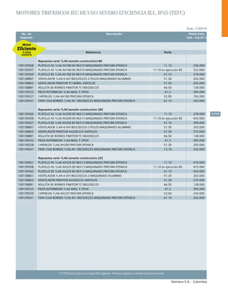 No. de	 Descripción	 Precio Lista
	 Depósito		 Unit. - Col. $(*)
Ene. 1/2014
Siemens S.A. - Colombia
1/13
(*) El Precio Lista no incluye IVA vigente - Precios sujetos a cambio sin previo aviso
Motores trifásicos IEC de Uso Severo eficiencia IE1, IP55 (TEFC)
Referencia Parte
Repuestos serie 1LA6 tamaño constructivo180
100139568 PLATILLO AS 1LA6 AH180 B3 R6310 MAQUINADO PINTURA EPOXICA 11.10 336.000
100139357 PLATILLO AS 1LA6 AH180 B5 R6310 MAQUINADO PINTURA EPOXICA 11.10 en ejecución B5 522.000
100139569 PLATILLO BS 1LA6 AH180 B3 R6310 MAQUINADO PINTURA EPOXICA 41.10 378.000
100138861 VENTILADOR 1LA4-6 AH180/220/225-2 POLOS MAQUINADO ALUMINIO 51.30 202.000
100138862 VENTILADOR P/MOTOR TC180M/L 4/6POLOS 51.30 203.000
100138881 REGLETA DE BORNES P/MOTOR TC180/200/225 66.50 128.000
100139533 PIEZA INTERMEDIA 1LA6 MAQ. P. EPOX 61,3 395.000
100139527 CAPERUZA 1LA6 AH180 PINTURA EPOXICA 52.00 192.000
100139541 TAPA CAJA BORNES 1LA6 AH 180/200/225 MAQUINADA PINTURA EPOXICA 61.14 242.000
Repuestos serie 1LA6 tamaño constructivo 200
100139566 PLATILLO AS 1LA6 AH200 B5 R6312 MAQUINADO PINTURA EPOXICA 11.10 378.000
100139359 PLATILLO AS 1LA6 AH200 B5 R6312 MAQUINADO PINTURA EPOXICA 11.10 en ejecución B5 643.000
100139567 PLATILLO BS 1LA6 AH200 B3 R6312 MAQUINADO PINTURA EPOXICA 41.10 399.000
100138861 VENTILADOR 1LA4-6 AH180/220/225-2 POLOS MAQUINADO ALUMINIO 51.30 202.000
100138863 VENTILADOR P/MOTOR AH200/225 4/6POLOS 51.30 275.000
100138881 REGLETA DE BORNES P/MOTOR TC180/200/225 66.50 128.000
100139533 PIEZA INTERMEDIA 1LA6 MAQ. P. EPOX 61,3 395.000
100139528 CAPERUZA 1LA6 AH200 PINTURA EPOXICA 51.30 205.000
100139541 TAPA CAJA BORNES 1LA6 AH 180/200/225 MAQUINADA PINTURA EPOXICA 13.19 242.000
Repuestos serie 1LA6 tamaño constructivo 225
100139561 PLATILLO AS 1LA6 AH225 B3 R6313 MAQUINADO PINTURA EPOXICA 11.10 419.000
100139358 PLATILLO AS 1LA6 AH225 B5 R6313 MAQUINADO PINTURA EPOXICA 11.10 en ejecución B5 675.000
100139562 PLATILLO BS 1LA6 AH225 B3 R6313 MAQUINADO PINTURA EPOXICA 41.10 420.000
100138861 VENTILADOR 1LA4-6 AH180/220/225-2 MAQUINADO ALUMINIO 51.30 202.000
100138863 VENTILADOR P/MOTOR AH200/225 4/6POLOS 51.30 275.000
100138881 REGLETA DE BORNES P/MOTOR TC180/200/225 66.50 128.000
100139533 PIEZA INTERMEDIA 1LA6 MAQ. P. EPOX 61,3 395.000
100139529 CAPERUZA 1LA6 AH225 PINTURA EPOXICA 52.00 234.000
100139541 TAPA CAJA BORNES 1LA6 AH 180/200/225 MAQUINADA PINTURA EPÓXICA 61.14 242.000
 