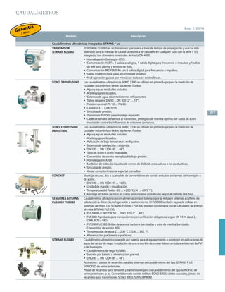 Siemens S.A. - Colombia
7/7
Ene. 1/2014
	 Modelo	 Descripción		
CAudalímetros
Caudalímetros ultrasónicos integrados SITRANS F us			
TRANSMISOR
SITRANS FUS060
El SITRANS FUS060 es un transmisor que opera a base de tiempo de propagación y que ha sido
diseñado para la medida de caudal ultrasónica de caudales en cualquier tubo con la serie F US
integrada, con diámetros nominales de hasta DN 4000.
•	 Homologación Eex según ATEX.
•	 Comunicación HART + 1 salida analógica, 1 salida digital para frecuencia o impulsos y 1 salida
de relé para alarma y sentido de flujo.
•	 Comunicación PROFIBUS PA con 1 salida digital para frecuencia o impulsos.
•	 Salida multifuncional para el control del proceso.
•	 Fácil operación guiada por menú con indicador de dos líneas.
soNo 3300/Fus060 Los caudalímetros ultrasónicos SONO 3300 se utilizan en primer lugar para la medición de
caudales volumétricos de los siguientes fluidos:
•	 Agua y aguas residuales tratadas.
•	 Aceites y gases licuados.
•	 Sistemas de agua caliente/sistemas refrigerantes.
•	 Tubos de acero DN 50 …DN 300 (2” … 12”).
•	 Presión nominal PN 10 … PN 40.
•	 Caudal 0,3 … 3200 m³/h.
•	 Sin caída de presión.
•	 Transmisor FUS060 para montaje separado.
•	 Cable de señales del sensor al transmisor, protegido de manera óptima por tubos de acero
inoxidable contra las influencias de entornos corrosivos.
SONO 3100/FUS060
Industrial
Los caudalímetros ultrasónicos SONO 3100 se utilizan en primer lugar para la medición de
caudales volumétricos de los siguientes fluidos:
•	 Agua y aguas residuales tratadas.
•	 Aceites y gases licuados.
•	 Aplicación de baja temperatura en líquidos.
•	 Sistemas de calefacción a distancia.
•	 DN 100 … DN 1200 (4” … 48”).
•	 Tubo de acero o acero inoxidable.
•	 Convertidor de sonido reemplazable bajo presión.
•	 Homologación ATEX.
•	 Medición de todos los líquidos de menos de 350 cSt, conductivos o no conductivos.
•	 Sin caída de presión.
•	 4 vías: consultar/material especial: consultar.
soNoKIT Montaje de uno, dos o cuatro kits de convertidores de sonido en tubos existentes de hormigón o
de acero.
•	 DN 100 … DN 4000 (4” … 160”).
•	 Unidad de mando y visualización.
•	 Temperatura del fluido: -20 … +200 °C (-4 … +395 °F).
•	 Montaje en tubos vacíos o en tubos presurizados (instalación según el método Hot-Tap).
sensores SITRANS
Fus380 / Fue380
Caudalímetros ultrasónicos con alimentación por batería o por la red para sistemas acuíferos de
calefacción a distancia, refrigeración y bastecimiento. El FUS380 también se puede utilizar en
sistemas de riego. Los SITRANS FUS380 / FUE380 pueden combinarse con el calculador de energía
térmica SITRANS FUE950.
•	 FUS380/FUE380: DN 50 … DN 1200 (2” … 48”)
•	 FUE380: Aprobado para transacciones con verificación obligatoria según EN 1434 clase 2,
OIML R 75 y MID
•	 FUS380/FUE380: Bridas de acero al carbono barnizadas y tubo de medida barnizado.
Convertidor de sonido AISI.
•	 Temperaturas de agua 2 … 200 °C (35,6 … 392 °F).
•	 Alimentación por batería o por la red.
SITRANS FUS880 Caudalímetro ultrasónico operado por batería para el equipamiento a posteriori en aplicaciones de
agua del sector de riego. Instalación de uno o dos kits de convertidores en tubos existentes de PVC
o de hormigón.
•	 Caudalímetros de riego FUS880.
•	 Servicio por batería o alimentación por red.
•	 DN 200 … DN 1200 (8” … 48”).
Accesorios y piezas de recambio para los sistemas de caudalímetros del tipo SITRANS F US
SONOFLO de series anteriores.
Piezas de recambio para sensores y transmisores para los caudalímetros del tipo SONOFLO de
series anteriores: p. ej. Convertidores de sonido del tipo SONO 3200, cables coaxiales, piezas de
recambio para transmisores SONO 3000, SENSORPROM.
Feb.1/2010
Siemens S.A. - Colombia
7/7
El Precio Lista no incluye IVA vigente - Precios sujetos a cambio sin previo aviso
	Modelo	 Descripción	
El Precio Lista no incluye IVA vigente - Precios sujetos a cambio sin previo aviso
5/7
Nov. 2008
Siemens S.A. - Chile
DescripciónModelo
Los caudalímetros ultrasónicos SONO 3100 se
utilizan en primer lugar para la medición de caudales
volumétricos de los siguientes fluidos:
• Agua y aguas residuales tratadas.
• Aceites y gases licuados.
• Aplicación de baja temperatura en líquidos.
• Sistemas de calefacción a distancia.
soNo 3100/Fus060 Industrial
• DN 100 … DN 1200 (4” … 48”).
• Tubo de acero o acero inoxidable.
• Convertidor de sonido reemplazable bajo presión.
• Homologación ATEX.
• Medición de todos los líquidos de menos de 350 cSt, conductivos o no
conductivos.
• Sin caída de presión.
• 4 vías: consultar/material especial: consultar.
Montaje de uno, dos o cuatro kits de convertidores de
sonido en tubos existentes de hormigón o de acero.
soNoKIT
• DN 100 … DN 4000 (4” … 160”).
• Unidad de mando y visualización.
• Temperatura del fluido: -20 … +200 °C (-4 … +395 °F).
• Montaje en tubos vacíos o en tubos presurizados (instalación según el
método Hot-Tap).
Caudalímetros ultrasónicos con alimentación por
batería o por la red para sistemas acuíferos de
calefacción a distancia, refrigeración y bastecimiento.
El FUS380 también se puede utilizar en sistemas de
riego.
Los SITRANS FUS380 / FUE380 pueden combinarse
con el calculador de energía térmica SITRANS FUE950.
sensores sITraNs Fus380 / Fue380
• FUS380/FUE380: DN 50 … DN 1200 (2” … 48”).
• FUE380: Aprobado para transacciones con verificación obligatoria
según EN 1434 clase 2, OIML R 75 y MID
• FUS380/FUE380: Bridas de acero al carbono barnizadas y tubo de
medida barnizado. Convertidor de sonido AISI.
• Temperaturas de agua 2 … 200 °C (35,6 … 392 °F).
• Alimentación por batería o por la red.
Calculador universal de energía térmica para
aplicaciones de calefacción a distancia y de
refrigeración.
sITraNs Fue950
• Batería opcionalmente 230 V CA.
+15%/-30% o 24 V CA.
• Función de memoria de 24 meses.
• Módulos plug-in para salida de datos, entrada adicional, M-bus.
• Juego completo con ensores y vainas de inmersión.
• Cumple los requisitos según OIML R 75 y EN 1434.
Caudalímetro ultrasónico operado por batería para
el equipamiento a posteriori en aplicaciones de agua
del sector de riego. Instalación de uno o dos kits
de convertidores en tubos existentes de PVC o de
hormigón.
sITraNs Fus880
• Caudalímetros de riego FUS880.
• Servicio por batería o alimentación por red.
• DN 200 … DN 1200 (8” … 48”).
• Convertidores de sonido humedecidos por el fluido.
• Montaje separado IP67.
Accesorios y piezas de recambio para los sistemas de
caudalímetros del tipo SITRANS F US SONOFLO de
series anteriores.
Piezas de recambio para sensores y transmisores para los caudalímetros
del tipo SONOFLO de series anteriores:
p. ej. Convertidores de sonido del tipo SONO 3200, cables coaxiales,
piezas de recambio para transmisores SONO 3000, SENSORPROM.
CaudaLímeTros
Caudalímetros ultrasónicos integrados sITraNs F us
El SITRANS FUS060 es un transmisor que opera a base
de tiempo de propagación y que ha sido diseñado
para la medida de caudal ultrasónica de caudales
en cualquier tubo con la serie F US integrada, con
diámetros nominales de hasta DN 4000.
Transmisor sITraNs Fus060
• Homologación Eex según ATEX.
• Comunicación HART + 1 salida analógica, 1 salida digital para
frecuencia o impulsos y 1 salida de relé para alarma y sentido de flujo.
• Comunicación PROFIBUS PA con 1 salida digital para frecuencia o
impulsos.
• Salida multifuncional para el control del proceso.
• Fácil operación guiada por menú con indicador de dos líneas.
Los caudalímetros ultrasónicos SONO 3300 se
utilizan en primer lugar para la medición de caudales
volumétricos de los siguientes fluidos:
• Agua y aguas residuales tratadas.
• Aceites y gases licuados.
• Sistemas de agua caliente/sistemas refrigerantes.
soNo 3300/Fus060
• Tubos de acero DN 50 …DN 300 (2” … 12”).
• Presión nominal PN 10 … PN 40.
• Caudal 0,3 … 3200 m³/h.
• Sin caída de presión.
• Transmisor FUS060 para montaje separado.
• Cable de señales del sensor al transmisor, protegido de manera
óptima por tubos de acero inoxidable contra las influencias de entornos
corrosivos.
www.siemens.com/flow
5/5
Nov. 2008
Siemens S.A. - Chile
DescripciónModelo
Caudalímetros electromagnéticos sITraNs F m – Caudalímetro electromagnético con campo continuo pulsante
Serie de transmisores MAG 5000 / 6000 con caja
de plástico robusta IP67 para montaje compacto y
separado.
Caja para 19”, montaje en panel trasero y frontal.
Transmisores
maGFLo maG 5000/6000
• La perfecta resolución de señales para una dinámica óptima.
• Extensas funciones de autodiagnóstico para indicar y registrar errores
• Interfaz multilingüe para indicador y teclado.
• Homologado para transacciones con verificación obligatoria: PTB,
OIML R75, OIML R117, IML R49 y MI-001.
MAG 6000 I y MAG 6000 I Ex d con robusta caja en
fundición de aluminio, para aplicaciones con altos
requisitos y aquellas que requieran protección contra
explosiones.
Transmisores
maGFLo maG 6000 I/6000 I ex d
• Montaje separado y compacto en todos los sensores.
• Versión protegida contra explosiones:
ATEX 2G D y FM/CSA Clase 1, Div. 2.
• Indicador multilingüe y teclado touchpad.
• Amplia función de autodiagnóstico.
Apto para entornos industriales generales.
La sección libre del sensor del MAG 1100 permanece
inmune a las materias en suspensión, a la viscosidad y
a las temperaturas problemáticas.
sensor maGFLo maG 1100
• Tubo de medida de DN 2 ... DN 100 (1/12” ... 4”) sin brida.
• Caja de acero inoxidable AISI 316 resistente a la corrosión.
• Alta resistencia de los revestimientos (cerámica o PFA) y de los
electrodos, aptos para el uso en procesos con los fluidos más extremos.
• Diseñado para temperaturas hasta 200 °C (390 °F).
• Homologación ATEX 2G D.
• FM/CSA Clase 1, Div. 2.
Diseñado especialmente para las industrias
alimenticia y de bebidas y para la industria
farmacéutica.
sensor maGFLo maG 1100 Food
• Caja de acero inoxidable AISI 316.
• Junta higiénica, tipo constructivo con homologación 3A y EHEDG.
• Limpieza fácil.
• Suministro con conexiones según las especificaciones del cliente.
• Homologación ATEX 2G.
• FM/CSA Clase 1, Div. 2.
El MAG 5100 W es adecuado para todas las
aplicaciones de agua y aguas residuales en plantas de
tratamiento de agua y en aplicaciones industriales.
sensor maGFLo maG 5100 W
• Tubo de medida DN 25 ... DN 1200 (1” ... 48”).
• Revestimiento de goma dura NBR y EPDM.
• Electrodos de tierra integrados como estándar.
• Alta precisión a caudal bajo para la detección de fugas de agua.
• Homologaciones para agua potable y homologaciones para
transacciones con verificación oficial, OIML R49, MI-001 y PTB.
Gracias a la variada oferta de revestimientos,
electrodos y materiales de las bridas, los aparatos de
la serie MAG 3100 permiten realizar mediciones hasta
en los procesos con los fluidos más extremos.
sensor maGFLo maG 3100
• Para un amplio margen de diámetros nominales: DN 15 ... DN 2000
(½” ... 78”).
• Amplia gama de materiales de los revestimientos y electrodos.
• Sensor para alta temperatura para aplicaciones con temperaturas
hasta 180 °C (355 °F).
• Soluciones para alta presión.
• Homologaciones según PTB, OIML R75, OIML R117, FM y ATEX.
CaudaLímeTros
Caudalímetros electromagnéticos sITraNs F m – Caudalímetro electromagnético con intenso campo alterno
En diseño para aplicaciones de alto rendimiento,
tales como pastas de papel y de celulosa con
concentraciones superiores al 3%, lodos de minería de
alta concentración y lodos de minería con partículas
magnéticas.
Transmisor Transmag 2
• Caudalímetro electromagnético con un campo magnético alterno
altamente pulsante.
• Comunicación vía PROFIBUS PA ó HART.
• Función de autocomprobación.
Aplicación en combinación con el transmisor Trans-
mag 2.
sensor 911/e
• Tubo de medida: DN 15 …DN 600 (½” … 24”).
• Revestimiento del tubo de medida: Goma, PTFE, Novolak.
• SmartPLUG integrado para almacenar los valores de calibración.
• Temperatura del fluido: -20 … +150 °C (-4 … +300 °F).
www.siemens.com/flowInstrumentación	de	proceso
Feb.1/2010
Siemens S.A. - Colombia
7/7
El Precio Lista no incluye IVA vigente - Precios sujetos a cambio sin previo aviso
	Modelo	 Descripción	
El Precio Lista no incluye IVA vigente - Precios sujetos a cambio sin previo aviso
5/7
Nov. 2008
Siemens S.A. - Chile
DescripciónModelo
Los caudalímetros ultrasónicos SONO 3100 se
utilizan en primer lugar para la medición de caudales
volumétricos de los siguientes fluidos:
• Agua y aguas residuales tratadas.
• Aceites y gases licuados.
• Aplicación de baja temperatura en líquidos.
• Sistemas de calefacción a distancia.
soNo 3100/Fus060 Industrial
• DN 100 … DN 1200 (4” … 48”).
• Tubo de acero o acero inoxidable.
• Convertidor de sonido reemplazable bajo presión.
• Homologación ATEX.
• Medición de todos los líquidos de menos de 350 cSt, conductivos o no
conductivos.
• Sin caída de presión.
• 4 vías: consultar/material especial: consultar.
Montaje de uno, dos o cuatro kits de convertidores de
sonido en tubos existentes de hormigón o de acero.
soNoKIT
• DN 100 … DN 4000 (4” … 160”).
• Unidad de mando y visualización.
• Temperatura del fluido: -20 … +200 °C (-4 … +395 °F).
• Montaje en tubos vacíos o en tubos presurizados (instalación según el
método Hot-Tap).
Caudalímetros ultrasónicos con alimentación por
batería o por la red para sistemas acuíferos de
calefacción a distancia, refrigeración y bastecimiento.
El FUS380 también se puede utilizar en sistemas de
riego.
Los SITRANS FUS380 / FUE380 pueden combinarse
con el calculador de energía térmica SITRANS FUE950.
sensores sITraNs Fus380 / Fue380
• FUS380/FUE380: DN 50 … DN 1200 (2” … 48”).
• FUE380: Aprobado para transacciones con verificación obligatoria
según EN 1434 clase 2, OIML R 75 y MID
• FUS380/FUE380: Bridas de acero al carbono barnizadas y tubo de
medida barnizado. Convertidor de sonido AISI.
• Temperaturas de agua 2 … 200 °C (35,6 … 392 °F).
• Alimentación por batería o por la red.
Calculador universal de energía térmica para
aplicaciones de calefacción a distancia y de
refrigeración.
sITraNs Fue950
• Batería opcionalmente 230 V CA.
+15%/-30% o 24 V CA.
• Función de memoria de 24 meses.
• Módulos plug-in para salida de datos, entrada adicional, M-bus.
• Juego completo con ensores y vainas de inmersión.
• Cumple los requisitos según OIML R 75 y EN 1434.
Caudalímetro ultrasónico operado por batería para
el equipamiento a posteriori en aplicaciones de agua
del sector de riego. Instalación de uno o dos kits
de convertidores en tubos existentes de PVC o de
hormigón.
sITraNs Fus880
• Caudalímetros de riego FUS880.
• Servicio por batería o alimentación por red.
• DN 200 … DN 1200 (8” … 48”).
• Convertidores de sonido humedecidos por el fluido.
• Montaje separado IP67.
Accesorios y piezas de recambio para los sistemas de
caudalímetros del tipo SITRANS F US SONOFLO de
series anteriores.
Piezas de recambio para sensores y transmisores para los caudalímetros
del tipo SONOFLO de series anteriores:
p. ej. Convertidores de sonido del tipo SONO 3200, cables coaxiales,
piezas de recambio para transmisores SONO 3000, SENSORPROM.
CaudaLímeTros
Caudalímetros ultrasónicos integrados sITraNs F us
El SITRANS FUS060 es un transmisor que opera a base
de tiempo de propagación y que ha sido diseñado
para la medida de caudal ultrasónica de caudales
en cualquier tubo con la serie F US integrada, con
diámetros nominales de hasta DN 4000.
Transmisor sITraNs Fus060
• Homologación Eex según ATEX.
• Comunicación HART + 1 salida analógica, 1 salida digital para
frecuencia o impulsos y 1 salida de relé para alarma y sentido de flujo.
• Comunicación PROFIBUS PA con 1 salida digital para frecuencia o
impulsos.
• Salida multifuncional para el control del proceso.
• Fácil operación guiada por menú con indicador de dos líneas.
Los caudalímetros ultrasónicos SONO 3300 se
utilizan en primer lugar para la medición de caudales
volumétricos de los siguientes fluidos:
• Agua y aguas residuales tratadas.
• Aceites y gases licuados.
• Sistemas de agua caliente/sistemas refrigerantes.
soNo 3300/Fus060
• Tubos de acero DN 50 …DN 300 (2” … 12”).
• Presión nominal PN 10 … PN 40.
• Caudal 0,3 … 3200 m³/h.
• Sin caída de presión.
• Transmisor FUS060 para montaje separado.
• Cable de señales del sensor al transmisor, protegido de manera
óptima por tubos de acero inoxidable contra las influencias de entornos
corrosivos.
www.siemens.com/flow
5/5
Nov. 2008
Siemens S.A. - Chile
DescripciónModelo
Caudalímetros electromagnéticos sITraNs F m – Caudalímetro electromagnético con campo continuo pulsante
Serie de transmisores MAG 5000 / 6000 con caja
de plástico robusta IP67 para montaje compacto y
separado.
Caja para 19”, montaje en panel trasero y frontal.
Transmisores
maGFLo maG 5000/6000
• La perfecta resolución de señales para una dinámica óptima.
• Extensas funciones de autodiagnóstico para indicar y registrar errores
• Interfaz multilingüe para indicador y teclado.
• Homologado para transacciones con verificación obligatoria: PTB,
OIML R75, OIML R117, IML R49 y MI-001.
MAG 6000 I y MAG 6000 I Ex d con robusta caja en
fundición de aluminio, para aplicaciones con altos
requisitos y aquellas que requieran protección contra
explosiones.
Transmisores
maGFLo maG 6000 I/6000 I ex d
• Montaje separado y compacto en todos los sensores.
• Versión protegida contra explosiones:
ATEX 2G D y FM/CSA Clase 1, Div. 2.
• Indicador multilingüe y teclado touchpad.
• Amplia función de autodiagnóstico.
Apto para entornos industriales generales.
La sección libre del sensor del MAG 1100 permanece
inmune a las materias en suspensión, a la viscosidad y
a las temperaturas problemáticas.
sensor maGFLo maG 1100
• Tubo de medida de DN 2 ... DN 100 (1/12” ... 4”) sin brida.
• Caja de acero inoxidable AISI 316 resistente a la corrosión.
• Alta resistencia de los revestimientos (cerámica o PFA) y de los
electrodos, aptos para el uso en procesos con los fluidos más extremos.
• Diseñado para temperaturas hasta 200 °C (390 °F).
• Homologación ATEX 2G D.
• FM/CSA Clase 1, Div. 2.
Diseñado especialmente para las industrias
alimenticia y de bebidas y para la industria
farmacéutica.
sensor maGFLo maG 1100 Food
• Caja de acero inoxidable AISI 316.
• Junta higiénica, tipo constructivo con homologación 3A y EHEDG.
• Limpieza fácil.
• Suministro con conexiones según las especificaciones del cliente.
• Homologación ATEX 2G.
• FM/CSA Clase 1, Div. 2.
El MAG 5100 W es adecuado para todas las
aplicaciones de agua y aguas residuales en plantas de
tratamiento de agua y en aplicaciones industriales.
sensor maGFLo maG 5100 W
• Tubo de medida DN 25 ... DN 1200 (1” ... 48”).
• Revestimiento de goma dura NBR y EPDM.
• Electrodos de tierra integrados como estándar.
• Alta precisión a caudal bajo para la detección de fugas de agua.
• Homologaciones para agua potable y homologaciones para
transacciones con verificación oficial, OIML R49, MI-001 y PTB.
Gracias a la variada oferta de revestimientos,
electrodos y materiales de las bridas, los aparatos de
la serie MAG 3100 permiten realizar mediciones hasta
en los procesos con los fluidos más extremos.
sensor maGFLo maG 3100
• Para un amplio margen de diámetros nominales: DN 15 ... DN 2000
(½” ... 78”).
• Amplia gama de materiales de los revestimientos y electrodos.
• Sensor para alta temperatura para aplicaciones con temperaturas
hasta 180 °C (355 °F).
• Soluciones para alta presión.
• Homologaciones según PTB, OIML R75, OIML R117, FM y ATEX.
CaudaLímeTros
Caudalímetros electromagnéticos sITraNs F m – Caudalímetro electromagnético con intenso campo alterno
En diseño para aplicaciones de alto rendimiento,
tales como pastas de papel y de celulosa con
concentraciones superiores al 3%, lodos de minería de
alta concentración y lodos de minería con partículas
magnéticas.
Transmisor Transmag 2
• Caudalímetro electromagnético con un campo magnético alterno
altamente pulsante.
• Comunicación vía PROFIBUS PA ó HART.
• Función de autocomprobación.
Aplicación en combinación con el transmisor Trans-
mag 2.
sensor 911/e
• Tubo de medida: DN 15 …DN 600 (½” … 24”).
• Revestimiento del tubo de medida: Goma, PTFE, Novolak.
• SmartPLUG integrado para almacenar los valores de calibración.
• Temperatura del fluido: -20 … +150 °C (-4 … +300 °F).
www.siemens.com/flowInstrumentación	de	proceso
Feb.1/2010
7/7
El Precio Lista no incluye IVA vigente - Precios sujetos a cambio sin previo aviso
	Modelo	 Descripción	
El Precio Lista no incluye IVA vigente - Precios sujetos a cambio sin previo aviso
Nov. 2008
DescripciónModelo
Los caudalímetros ultrasónicos SONO 3100 se
utilizan en primer lugar para la medición de caudales
volumétricos de los siguientes fluidos:
• Agua y aguas residuales tratadas.
• Aceites y gases licuados.
• Aplicación de baja temperatura en líquidos.
• Sistemas de calefacción a distancia.
soNo 3100/Fus060 Industrial
• DN 100 … DN 1200 (4” … 48”).
• Tubo de acero o acero inoxidable.
• Convertidor de sonido reemplazable bajo presión.
• Homologación ATEX.
• Medición de todos los líquidos de menos de 350 cSt, conductivos o no
conductivos.
• Sin caída de presión.
• 4 vías: consultar/material especial: consultar.
Montaje de uno, dos o cuatro kits de convertidores de
sonido en tubos existentes de hormigón o de acero.
soNoKIT
• DN 100 … DN 4000 (4” … 160”).
• Unidad de mando y visualización.
• Temperatura del fluido: -20 … +200 °C (-4 … +395 °F).
• Montaje en tubos vacíos o en tubos presurizados (instalación según el
método Hot-Tap).
Caudalímetros ultrasónicos con alimentación por
batería o por la red para sistemas acuíferos de
calefacción a distancia, refrigeración y bastecimiento.
El FUS380 también se puede utilizar en sistemas de
riego.
Los SITRANS FUS380 / FUE380 pueden combinarse
con el calculador de energía térmica SITRANS FUE950.
sensores sITraNs Fus380 / Fue380
• FUS380/FUE380: DN 50 … DN 1200 (2” … 48”).
• FUE380: Aprobado para transacciones con verificación obligatoria
según EN 1434 clase 2, OIML R 75 y MID
• FUS380/FUE380: Bridas de acero al carbono barnizadas y tubo de
medida barnizado. Convertidor de sonido AISI.
• Temperaturas de agua 2 … 200 °C (35,6 … 392 °F).
• Alimentación por batería o por la red.
Calculador universal de energía térmica para
aplicaciones de calefacción a distancia y de
refrigeración.
sITraNs Fue950
• Batería opcionalmente 230 V CA.
+15%/-30% o 24 V CA.
• Función de memoria de 24 meses.
• Módulos plug-in para salida de datos, entrada adicional, M-bus.
• Juego completo con ensores y vainas de inmersión.
• Cumple los requisitos según OIML R 75 y EN 1434.
Caudalímetro ultrasónico operado por batería para
el equipamiento a posteriori en aplicaciones de agua
del sector de riego. Instalación de uno o dos kits
de convertidores en tubos existentes de PVC o de
hormigón.
sITraNs Fus880
• Caudalímetros de riego FUS880.
• Servicio por batería o alimentación por red.
• DN 200 … DN 1200 (8” … 48”).
• Convertidores de sonido humedecidos por el fluido.
• Montaje separado IP67.
Accesorios y piezas de recambio para los sistemas de
caudalímetros del tipo SITRANS F US SONOFLO de
series anteriores.
Piezas de recambio para sensores y transmisores para los caudalímetros
del tipo SONOFLO de series anteriores:
p. ej. Convertidores de sonido del tipo SONO 3200, cables coaxiales,
piezas de recambio para transmisores SONO 3000, SENSORPROM.
CaudaLímeTros
Caudalímetros ultrasónicos integrados sITraNs F us
El SITRANS FUS060 es un transmisor que opera a base
de tiempo de propagación y que ha sido diseñado
para la medida de caudal ultrasónica de caudales
en cualquier tubo con la serie F US integrada, con
diámetros nominales de hasta DN 4000.
Transmisor sITraNs Fus060
• Homologación Eex según ATEX.
• Comunicación HART + 1 salida analógica, 1 salida digital para
frecuencia o impulsos y 1 salida de relé para alarma y sentido de flujo.
• Comunicación PROFIBUS PA con 1 salida digital para frecuencia o
impulsos.
• Salida multifuncional para el control del proceso.
• Fácil operación guiada por menú con indicador de dos líneas.
Los caudalímetros ultrasónicos SONO 3300 se
utilizan en primer lugar para la medición de caudales
volumétricos de los siguientes fluidos:
• Agua y aguas residuales tratadas.
• Aceites y gases licuados.
• Sistemas de agua caliente/sistemas refrigerantes.
soNo 3300/Fus060
• Tubos de acero DN 50 …DN 300 (2” … 12”).
• Presión nominal PN 10 … PN 40.
• Caudal 0,3 … 3200 m³/h.
• Sin caída de presión.
• Transmisor FUS060 para montaje separado.
• Cable de señales del sensor al transmisor, protegido de manera
óptima por tubos de acero inoxidable contra las influencias de entornos
corrosivos.
www.siemens.com/flow
5/5
Nov. 2008
Siemens S.A. - Chile
DescripciónModelo
Caudalímetros electromagnéticos sITraNs F m – Caudalímetro electromagnético con campo continuo pulsante
Serie de transmisores MAG 5000 / 6000 con caja
de plástico robusta IP67 para montaje compacto y
separado.
Caja para 19”, montaje en panel trasero y frontal.
Transmisores
maGFLo maG 5000/6000
• La perfecta resolución de señales para una dinámica óptima.
• Extensas funciones de autodiagnóstico para indicar y registrar errores
• Interfaz multilingüe para indicador y teclado.
• Homologado para transacciones con verificación obligatoria: PTB,
OIML R75, OIML R117, IML R49 y MI-001.
MAG 6000 I y MAG 6000 I Ex d con robusta caja en
fundición de aluminio, para aplicaciones con altos
requisitos y aquellas que requieran protección contra
explosiones.
Transmisores
maGFLo maG 6000 I/6000 I ex d
• Montaje separado y compacto en todos los sensores.
• Versión protegida contra explosiones:
ATEX 2G D y FM/CSA Clase 1, Div. 2.
• Indicador multilingüe y teclado touchpad.
• Amplia función de autodiagnóstico.
Apto para entornos industriales generales.
La sección libre del sensor del MAG 1100 permanece
inmune a las materias en suspensión, a la viscosidad y
a las temperaturas problemáticas.
sensor maGFLo maG 1100
• Tubo de medida de DN 2 ... DN 100 (1/12” ... 4”) sin brida.
• Caja de acero inoxidable AISI 316 resistente a la corrosión.
• Alta resistencia de los revestimientos (cerámica o PFA) y de los
electrodos, aptos para el uso en procesos con los fluidos más extremos.
• Diseñado para temperaturas hasta 200 °C (390 °F).
• Homologación ATEX 2G D.
• FM/CSA Clase 1, Div. 2.
Diseñado especialmente para las industrias
alimenticia y de bebidas y para la industria
farmacéutica.
sensor maGFLo maG 1100 Food
• Caja de acero inoxidable AISI 316.
• Junta higiénica, tipo constructivo con homologación 3A y EHEDG.
• Limpieza fácil.
• Suministro con conexiones según las especificaciones del cliente.
• Homologación ATEX 2G.
• FM/CSA Clase 1, Div. 2.
El MAG 5100 W es adecuado para todas las
aplicaciones de agua y aguas residuales en plantas de
tratamiento de agua y en aplicaciones industriales.
sensor maGFLo maG 5100 W
• Tubo de medida DN 25 ... DN 1200 (1” ... 48”).
• Revestimiento de goma dura NBR y EPDM.
• Electrodos de tierra integrados como estándar.
• Alta precisión a caudal bajo para la detección de fugas de agua.
• Homologaciones para agua potable y homologaciones para
transacciones con verificación oficial, OIML R49, MI-001 y PTB.
Gracias a la variada oferta de revestimientos,
electrodos y materiales de las bridas, los aparatos de
la serie MAG 3100 permiten realizar mediciones hasta
en los procesos con los fluidos más extremos.
sensor maGFLo maG 3100
• Para un amplio margen de diámetros nominales: DN 15 ... DN 2000
(½” ... 78”).
• Amplia gama de materiales de los revestimientos y electrodos.
• Sensor para alta temperatura para aplicaciones con temperaturas
hasta 180 °C (355 °F).
• Soluciones para alta presión.
• Homologaciones según PTB, OIML R75, OIML R117, FM y ATEX.
CaudaLímeTros
Caudalímetros electromagnéticos sITraNs F m – Caudalímetro electromagnético con intenso campo alterno
En diseño para aplicaciones de alto rendimiento,
tales como pastas de papel y de celulosa con
concentraciones superiores al 3%, lodos de minería de
alta concentración y lodos de minería con partículas
magnéticas.
Transmisor Transmag 2
• Caudalímetro electromagnético con un campo magnético alterno
altamente pulsante.
• Comunicación vía PROFIBUS PA ó HART.
• Función de autocomprobación.
Aplicación en combinación con el transmisor Trans-
mag 2.
sensor 911/e
• Tubo de medida: DN 15 …DN 600 (½” … 24”).
• Revestimiento del tubo de medida: Goma, PTFE, Novolak.
• SmartPLUG integrado para almacenar los valores de calibración.
• Temperatura del fluido: -20 … +150 °C (-4 … +300 °F).
www.siemens.com/flowInstrumentación	de	proceso
Feb.1/2010
7/7
	Modelo	 Descripción	 Nov. 2008
DescripciónModelo
Los caudalímetros ultrasónicos SONO 3100 se
utilizan en primer lugar para la medición de caudales
volumétricos de los siguientes fluidos:
• Agua y aguas residuales tratadas.
• Aceites y gases licuados.
• Aplicación de baja temperatura en líquidos.
• Sistemas de calefacción a distancia.
soNo 3100/Fus060 Industrial
• DN 100 … DN 1200 (4” … 48”).
• Tubo de acero o acero inoxidable.
• Convertidor de sonido reemplazable bajo presión.
• Homologación ATEX.
• Medición de todos los líquidos de menos de 350 cSt, conductivos o no
conductivos.
• Sin caída de presión.
• 4 vías: consultar/material especial: consultar.
Montaje de uno, dos o cuatro kits de convertidores de
sonido en tubos existentes de hormigón o de acero.
soNoKIT
• DN 100 … DN 4000 (4” … 160”).
• Unidad de mando y visualización.
• Temperatura del fluido: -20 … +200 °C (-4 … +395 °F).
• Montaje en tubos vacíos o en tubos presurizados (instalación según el
método Hot-Tap).
Caudalímetros ultrasónicos con alimentación por
batería o por la red para sistemas acuíferos de
calefacción a distancia, refrigeración y bastecimiento.
El FUS380 también se puede utilizar en sistemas de
riego.
Los SITRANS FUS380 / FUE380 pueden combinarse
con el calculador de energía térmica SITRANS FUE950.
sensores sITraNs Fus380 / Fue380
• FUS380/FUE380: DN 50 … DN 1200 (2” … 48”).
• FUE380: Aprobado para transacciones con verificación obligatoria
según EN 1434 clase 2, OIML R 75 y MID
• FUS380/FUE380: Bridas de acero al carbono barnizadas y tubo de
medida barnizado. Convertidor de sonido AISI.
• Temperaturas de agua 2 … 200 °C (35,6 … 392 °F).
• Alimentación por batería o por la red.
Calculador universal de energía térmica para
aplicaciones de calefacción a distancia y de
refrigeración.
sITraNs Fue950
• Batería opcionalmente 230 V CA.
+15%/-30% o 24 V CA.
• Función de memoria de 24 meses.
• Módulos plug-in para salida de datos, entrada adicional, M-bus.
• Juego completo con ensores y vainas de inmersión.
• Cumple los requisitos según OIML R 75 y EN 1434.
Caudalímetro ultrasónico operado por batería para
el equipamiento a posteriori en aplicaciones de agua
del sector de riego. Instalación de uno o dos kits
de convertidores en tubos existentes de PVC o de
hormigón.
sITraNs Fus880
• Caudalímetros de riego FUS880.
• Servicio por batería o alimentación por red.
• DN 200 … DN 1200 (8” … 48”).
• Convertidores de sonido humedecidos por el fluido.
• Montaje separado IP67.
Accesorios y piezas de recambio para los sistemas de
caudalímetros del tipo SITRANS F US SONOFLO de
series anteriores.
Piezas de recambio para sensores y transmisores para los caudalímetros
del tipo SONOFLO de series anteriores:
p. ej. Convertidores de sonido del tipo SONO 3200, cables coaxiales,
piezas de recambio para transmisores SONO 3000, SENSORPROM.
CaudaLímeTros
Caudalímetros ultrasónicos integrados sITraNs F us
El SITRANS FUS060 es un transmisor que opera a base
de tiempo de propagación y que ha sido diseñado
para la medida de caudal ultrasónica de caudales
en cualquier tubo con la serie F US integrada, con
diámetros nominales de hasta DN 4000.
Transmisor sITraNs Fus060
• Homologación Eex según ATEX.
• Comunicación HART + 1 salida analógica, 1 salida digital para
frecuencia o impulsos y 1 salida de relé para alarma y sentido de flujo.
• Comunicación PROFIBUS PA con 1 salida digital para frecuencia o
impulsos.
• Salida multifuncional para el control del proceso.
• Fácil operación guiada por menú con indicador de dos líneas.
Los caudalímetros ultrasónicos SONO 3300 se
utilizan en primer lugar para la medición de caudales
volumétricos de los siguientes fluidos:
• Agua y aguas residuales tratadas.
• Aceites y gases licuados.
• Sistemas de agua caliente/sistemas refrigerantes.
soNo 3300/Fus060
• Tubos de acero DN 50 …DN 300 (2” … 12”).
• Presión nominal PN 10 … PN 40.
• Caudal 0,3 … 3200 m³/h.
• Sin caída de presión.
• Transmisor FUS060 para montaje separado.
• Cable de señales del sensor al transmisor, protegido de manera
óptima por tubos de acero inoxidable contra las influencias de entornos
corrosivos.
www.siemens.com/flow
Nov. 2008
DescripciónModelo
Caudalímetros electromagnéticos sITraNs F m – Caudalímetro electromagnético con campo continuo pulsante
Serie de transmisores MAG 5000 / 6000 con caja
de plástico robusta IP67 para montaje compacto y
separado.
Caja para 19”, montaje en panel trasero y frontal.
Transmisores
maGFLo maG 5000/6000
• La perfecta resolución de señales para una dinámica óptima.
• Extensas funciones de autodiagnóstico para indicar y registrar errores
• Interfaz multilingüe para indicador y teclado.
• Homologado para transacciones con verificación obligatoria: PTB,
OIML R75, OIML R117, IML R49 y MI-001.
MAG 6000 I y MAG 6000 I Ex d con robusta caja en
fundición de aluminio, para aplicaciones con altos
requisitos y aquellas que requieran protección contra
explosiones.
Transmisores
maGFLo maG 6000 I/6000 I ex d
• Montaje separado y compacto en todos los sensores.
• Versión protegida contra explosiones:
ATEX 2G D y FM/CSA Clase 1, Div. 2.
• Indicador multilingüe y teclado touchpad.
• Amplia función de autodiagnóstico.
Apto para entornos industriales generales.
La sección libre del sensor del MAG 1100 permanece
inmune a las materias en suspensión, a la viscosidad y
a las temperaturas problemáticas.
sensor maGFLo maG 1100
• Tubo de medida de DN 2 ... DN 100 (1/12” ... 4”) sin brida.
• Caja de acero inoxidable AISI 316 resistente a la corrosión.
• Alta resistencia de los revestimientos (cerámica o PFA) y de los
electrodos, aptos para el uso en procesos con los fluidos más extremos.
• Diseñado para temperaturas hasta 200 °C (390 °F).
• Homologación ATEX 2G D.
• FM/CSA Clase 1, Div. 2.
Diseñado especialmente para las industrias
alimenticia y de bebidas y para la industria
farmacéutica.
sensor maGFLo maG 1100 Food
• Caja de acero inoxidable AISI 316.
• Junta higiénica, tipo constructivo con homologación 3A y EHEDG.
• Limpieza fácil.
• Suministro con conexiones según las especificaciones del cliente.
• Homologación ATEX 2G.
• FM/CSA Clase 1, Div. 2.
El MAG 5100 W es adecuado para todas las
aplicaciones de agua y aguas residuales en plantas de
tratamiento de agua y en aplicaciones industriales.
sensor maGFLo maG 5100 W
• Tubo de medida DN 25 ... DN 1200 (1” ... 48”).
• Revestimiento de goma dura NBR y EPDM.
• Electrodos de tierra integrados como estándar.
• Alta precisión a caudal bajo para la detección de fugas de agua.
• Homologaciones para agua potable y homologaciones para
transacciones con verificación oficial, OIML R49, MI-001 y PTB.
Gracias a la variada oferta de revestimientos,
electrodos y materiales de las bridas, los aparatos de
la serie MAG 3100 permiten realizar mediciones hasta
en los procesos con los fluidos más extremos.
sensor maGFLo maG 3100
• Para un amplio margen de diámetros nominales: DN 15 ... DN 2000
(½” ... 78”).
• Amplia gama de materiales de los revestimientos y electrodos.
• Sensor para alta temperatura para aplicaciones con temperaturas
hasta 180 °C (355 °F).
• Soluciones para alta presión.
• Homologaciones según PTB, OIML R75, OIML R117, FM y ATEX.
CaudaLímeTros
Caudalímetros electromagnéticos sITraNs F m – Caudalímetro electromagnético con intenso campo alterno
En diseño para aplicaciones de alto rendimiento,
tales como pastas de papel y de celulosa con
concentraciones superiores al 3%, lodos de minería de
alta concentración y lodos de minería con partículas
magnéticas.
Transmisor Transmag 2
• Caudalímetro electromagnético con un campo magnético alterno
altamente pulsante.
• Comunicación vía PROFIBUS PA ó HART.
• Función de autocomprobación.
Aplicación en combinación con el transmisor Trans-
mag 2.
sensor 911/e
• Tubo de medida: DN 15 …DN 600 (½” … 24”).
• Revestimiento del tubo de medida: Goma, PTFE, Novolak.
• SmartPLUG integrado para almacenar los valores de calibración.
• Temperatura del fluido: -20 … +150 °C (-4 … +300 °F).
www.siemens.com/flowInstrumentación	de	proceso
Feb.1/2010
7/7
	Modelo	 Descripción	 Nov. 2008
DescripciónModelo
Los caudalímetros ultrasónicos SONO 3100 se
utilizan en primer lugar para la medición de caudales
volumétricos de los siguientes fluidos:
• Agua y aguas residuales tratadas.
• Aceites y gases licuados.
• Aplicación de baja temperatura en líquidos.
• Sistemas de calefacción a distancia.
soNo 3100/Fus060 Industrial
• DN 100 … DN 1200 (4” … 48”).
• Tubo de acero o acero inoxidable.
• Convertidor de sonido reemplazable bajo presión.
• Homologación ATEX.
• Medición de todos los líquidos de menos de 350 cSt, conductivos o no
conductivos.
• Sin caída de presión.
• 4 vías: consultar/material especial: consultar.
Montaje de uno, dos o cuatro kits de convertidores de
sonido en tubos existentes de hormigón o de acero.
soNoKIT
• DN 100 … DN 4000 (4” … 160”).
• Unidad de mando y visualización.
• Temperatura del fluido: -20 … +200 °C (-4 … +395 °F).
• Montaje en tubos vacíos o en tubos presurizados (instalación según el
método Hot-Tap).
Caudalímetros ultrasónicos con alimentación por
batería o por la red para sistemas acuíferos de
calefacción a distancia, refrigeración y bastecimiento.
El FUS380 también se puede utilizar en sistemas de
riego.
Los SITRANS FUS380 / FUE380 pueden combinarse
con el calculador de energía térmica SITRANS FUE950.
sensores sITraNs Fus380 / Fue380
• FUS380/FUE380: DN 50 … DN 1200 (2” … 48”).
• FUE380: Aprobado para transacciones con verificación obligatoria
según EN 1434 clase 2, OIML R 75 y MID
• FUS380/FUE380: Bridas de acero al carbono barnizadas y tubo de
medida barnizado. Convertidor de sonido AISI.
• Temperaturas de agua 2 … 200 °C (35,6 … 392 °F).
• Alimentación por batería o por la red.
Calculador universal de energía térmica para
aplicaciones de calefacción a distancia y de
refrigeración.
sITraNs Fue950
• Batería opcionalmente 230 V CA.
+15%/-30% o 24 V CA.
• Función de memoria de 24 meses.
• Módulos plug-in para salida de datos, entrada adicional, M-bus.
• Juego completo con ensores y vainas de inmersión.
• Cumple los requisitos según OIML R 75 y EN 1434.
Caudalímetro ultrasónico operado por batería para
el equipamiento a posteriori en aplicaciones de agua
del sector de riego. Instalación de uno o dos kits
de convertidores en tubos existentes de PVC o de
hormigón.
sITraNs Fus880
• Caudalímetros de riego FUS880.
• Servicio por batería o alimentación por red.
• DN 200 … DN 1200 (8” … 48”).
• Convertidores de sonido humedecidos por el fluido.
• Montaje separado IP67.
Accesorios y piezas de recambio para los sistemas de
caudalímetros del tipo SITRANS F US SONOFLO de
series anteriores.
Piezas de recambio para sensores y transmisores para los caudalímetros
del tipo SONOFLO de series anteriores:
p. ej. Convertidores de sonido del tipo SONO 3200, cables coaxiales,
piezas de recambio para transmisores SONO 3000, SENSORPROM.
CaudaLímeTros
Caudalímetros ultrasónicos integrados sITraNs F us
El SITRANS FUS060 es un transmisor que opera a base
de tiempo de propagación y que ha sido diseñado
para la medida de caudal ultrasónica de caudales
en cualquier tubo con la serie F US integrada, con
diámetros nominales de hasta DN 4000.
Transmisor sITraNs Fus060
• Homologación Eex según ATEX.
• Comunicación HART + 1 salida analógica, 1 salida digital para
frecuencia o impulsos y 1 salida de relé para alarma y sentido de flujo.
• Comunicación PROFIBUS PA con 1 salida digital para frecuencia o
impulsos.
• Salida multifuncional para el control del proceso.
• Fácil operación guiada por menú con indicador de dos líneas.
Los caudalímetros ultrasónicos SONO 3300 se
utilizan en primer lugar para la medición de caudales
volumétricos de los siguientes fluidos:
• Agua y aguas residuales tratadas.
• Aceites y gases licuados.
• Sistemas de agua caliente/sistemas refrigerantes.
soNo 3300/Fus060
• Tubos de acero DN 50 …DN 300 (2” … 12”).
• Presión nominal PN 10 … PN 40.
• Caudal 0,3 … 3200 m³/h.
• Sin caída de presión.
• Transmisor FUS060 para montaje separado.
• Cable de señales del sensor al transmisor, protegido de manera
óptima por tubos de acero inoxidable contra las influencias de entornos
corrosivos.
www.siemens.com/flow
Nov. 2008
DescripciónModelo
Caudalímetros electromagnéticos sITraNs F m – Caudalímetro electromagnético con campo continuo pulsante
Serie de transmisores MAG 5000 / 6000 con caja
de plástico robusta IP67 para montaje compacto y
separado.
Caja para 19”, montaje en panel trasero y frontal.
Transmisores
maGFLo maG 5000/6000
• La perfecta resolución de señales para una dinámica óptima.
• Extensas funciones de autodiagnóstico para indicar y registrar errores
• Interfaz multilingüe para indicador y teclado.
• Homologado para transacciones con verificación obligatoria: PTB,
OIML R75, OIML R117, IML R49 y MI-001.
MAG 6000 I y MAG 6000 I Ex d con robusta caja en
fundición de aluminio, para aplicaciones con altos
requisitos y aquellas que requieran protección contra
explosiones.
Transmisores
maGFLo maG 6000 I/6000 I ex d
• Montaje separado y compacto en todos los sensores.
• Versión protegida contra explosiones:
ATEX 2G D y FM/CSA Clase 1, Div. 2.
• Indicador multilingüe y teclado touchpad.
• Amplia función de autodiagnóstico.
Apto para entornos industriales generales.
La sección libre del sensor del MAG 1100 permanece
inmune a las materias en suspensión, a la viscosidad y
a las temperaturas problemáticas.
sensor maGFLo maG 1100
• Tubo de medida de DN 2 ... DN 100 (1/12” ... 4”) sin brida.
• Caja de acero inoxidable AISI 316 resistente a la corrosión.
• Alta resistencia de los revestimientos (cerámica o PFA) y de los
electrodos, aptos para el uso en procesos con los fluidos más extremos.
• Diseñado para temperaturas hasta 200 °C (390 °F).
• Homologación ATEX 2G D.
• FM/CSA Clase 1, Div. 2.
Diseñado especialmente para las industrias
alimenticia y de bebidas y para la industria
farmacéutica.
sensor maGFLo maG 1100 Food
• Caja de acero inoxidable AISI 316.
• Junta higiénica, tipo constructivo con homologación 3A y EHEDG.
• Limpieza fácil.
• Suministro con conexiones según las especificaciones del cliente.
• Homologación ATEX 2G.
• FM/CSA Clase 1, Div. 2.
El MAG 5100 W es adecuado para todas las
aplicaciones de agua y aguas residuales en plantas de
tratamiento de agua y en aplicaciones industriales.
sensor maGFLo maG 5100 W
• Tubo de medida DN 25 ... DN 1200 (1” ... 48”).
• Revestimiento de goma dura NBR y EPDM.
• Electrodos de tierra integrados como estándar.
• Alta precisión a caudal bajo para la detección de fugas de agua.
• Homologaciones para agua potable y homologaciones para
transacciones con verificación oficial, OIML R49, MI-001 y PTB.
Gracias a la variada oferta de revestimientos,
electrodos y materiales de las bridas, los aparatos de
la serie MAG 3100 permiten realizar mediciones hasta
en los procesos con los fluidos más extremos.
sensor maGFLo maG 3100
• Para un amplio margen de diámetros nominales: DN 15 ... DN 2000
(½” ... 78”).
• Amplia gama de materiales de los revestimientos y electrodos.
• Sensor para alta temperatura para aplicaciones con temperaturas
hasta 180 °C (355 °F).
• Soluciones para alta presión.
• Homologaciones según PTB, OIML R75, OIML R117, FM y ATEX.
CaudaLímeTros
Caudalímetros electromagnéticos sITraNs F m – Caudalímetro electromagnético con intenso campo alterno
En diseño para aplicaciones de alto rendimiento,
tales como pastas de papel y de celulosa con
concentraciones superiores al 3%, lodos de minería de
alta concentración y lodos de minería con partículas
magnéticas.
Transmisor Transmag 2
• Caudalímetro electromagnético con un campo magnético alterno
altamente pulsante.
• Comunicación vía PROFIBUS PA ó HART.
• Función de autocomprobación.
Aplicación en combinación con el transmisor Trans-
mag 2.
sensor 911/e
• Tubo de medida: DN 15 …DN 600 (½” … 24”).
• Revestimiento del tubo de medida: Goma, PTFE, Novolak.
• SmartPLUG integrado para almacenar los valores de calibración.
• Temperatura del fluido: -20 … +150 °C (-4 … +300 °F).
www.siemens.com/flowInstrumentación	de	proceso
Feb.1/2010
7/7
	Modelo	 Descripción	 Nov. 2008
DescripciónModelo
Los caudalímetros ultrasónicos SONO 3100 se
utilizan en primer lugar para la medición de caudales
volumétricos de los siguientes fluidos:
• Agua y aguas residuales tratadas.
• Aceites y gases licuados.
• Aplicación de baja temperatura en líquidos.
• Sistemas de calefacción a distancia.
soNo 3100/Fus060 Industrial
• DN 100 … DN 1200 (4” … 48”).
• Tubo de acero o acero inoxidable.
• Convertidor de sonido reemplazable bajo presión.
• Homologación ATEX.
• Medición de todos los líquidos de menos de 350 cSt, conductivos o no
conductivos.
• Sin caída de presión.
• 4 vías: consultar/material especial: consultar.
Montaje de uno, dos o cuatro kits de convertidores de
sonido en tubos existentes de hormigón o de acero.
soNoKIT
• DN 100 … DN 4000 (4” … 160”).
• Unidad de mando y visualización.
• Temperatura del fluido: -20 … +200 °C (-4 … +395 °F).
• Montaje en tubos vacíos o en tubos presurizados (instalación según el
método Hot-Tap).
Caudalímetros ultrasónicos con alimentación por
batería o por la red para sistemas acuíferos de
calefacción a distancia, refrigeración y bastecimiento.
El FUS380 también se puede utilizar en sistemas de
riego.
Los SITRANS FUS380 / FUE380 pueden combinarse
con el calculador de energía térmica SITRANS FUE950.
sensores sITraNs Fus380 / Fue380
• FUS380/FUE380: DN 50 … DN 1200 (2” … 48”).
• FUE380: Aprobado para transacciones con verificación obligatoria
según EN 1434 clase 2, OIML R 75 y MID
• FUS380/FUE380: Bridas de acero al carbono barnizadas y tubo de
medida barnizado. Convertidor de sonido AISI.
• Temperaturas de agua 2 … 200 °C (35,6 … 392 °F).
• Alimentación por batería o por la red.
Calculador universal de energía térmica para
aplicaciones de calefacción a distancia y de
refrigeración.
sITraNs Fue950
• Batería opcionalmente 230 V CA.
+15%/-30% o 24 V CA.
• Función de memoria de 24 meses.
• Módulos plug-in para salida de datos, entrada adicional, M-bus.
• Juego completo con ensores y vainas de inmersión.
• Cumple los requisitos según OIML R 75 y EN 1434.
Caudalímetro ultrasónico operado por batería para
el equipamiento a posteriori en aplicaciones de agua
del sector de riego. Instalación de uno o dos kits
de convertidores en tubos existentes de PVC o de
hormigón.
sITraNs Fus880
• Caudalímetros de riego FUS880.
• Servicio por batería o alimentación por red.
• DN 200 … DN 1200 (8” … 48”).
• Convertidores de sonido humedecidos por el fluido.
• Montaje separado IP67.
Accesorios y piezas de recambio para los sistemas de
caudalímetros del tipo SITRANS F US SONOFLO de
series anteriores.
Piezas de recambio para sensores y transmisores para los caudalímetros
del tipo SONOFLO de series anteriores:
p. ej. Convertidores de sonido del tipo SONO 3200, cables coaxiales,
piezas de recambio para transmisores SONO 3000, SENSORPROM.
CaudaLímeTros
Caudalímetros ultrasónicos integrados sITraNs F us
El SITRANS FUS060 es un transmisor que opera a base
de tiempo de propagación y que ha sido diseñado
para la medida de caudal ultrasónica de caudales
en cualquier tubo con la serie F US integrada, con
diámetros nominales de hasta DN 4000.
Transmisor sITraNs Fus060
• Homologación Eex según ATEX.
• Comunicación HART + 1 salida analógica, 1 salida digital para
frecuencia o impulsos y 1 salida de relé para alarma y sentido de flujo.
• Comunicación PROFIBUS PA con 1 salida digital para frecuencia o
impulsos.
• Salida multifuncional para el control del proceso.
• Fácil operación guiada por menú con indicador de dos líneas.
Los caudalímetros ultrasónicos SONO 3300 se
utilizan en primer lugar para la medición de caudales
volumétricos de los siguientes fluidos:
• Agua y aguas residuales tratadas.
• Aceites y gases licuados.
• Sistemas de agua caliente/sistemas refrigerantes.
soNo 3300/Fus060
• Tubos de acero DN 50 …DN 300 (2” … 12”).
• Presión nominal PN 10 … PN 40.
• Caudal 0,3 … 3200 m³/h.
• Sin caída de presión.
• Transmisor FUS060 para montaje separado.
• Cable de señales del sensor al transmisor, protegido de manera
óptima por tubos de acero inoxidable contra las influencias de entornos
corrosivos.
www.siemens.com/flow
Nov. 2008
DescripciónModelo
Caudalímetros electromagnéticos sITraNs F m – Caudalímetro electromagnético con campo continuo pulsante
Serie de transmisores MAG 5000 / 6000 con caja
de plástico robusta IP67 para montaje compacto y
separado.
Caja para 19”, montaje en panel trasero y frontal.
Transmisores
maGFLo maG 5000/6000
• La perfecta resolución de señales para una dinámica óptima.
• Extensas funciones de autodiagnóstico para indicar y registrar errores
• Interfaz multilingüe para indicador y teclado.
• Homologado para transacciones con verificación obligatoria: PTB,
OIML R75, OIML R117, IML R49 y MI-001.
MAG 6000 I y MAG 6000 I Ex d con robusta caja en
fundición de aluminio, para aplicaciones con altos
requisitos y aquellas que requieran protección contra
explosiones.
Transmisores
maGFLo maG 6000 I/6000 I ex d
• Montaje separado y compacto en todos los sensores.
• Versión protegida contra explosiones:
ATEX 2G D y FM/CSA Clase 1, Div. 2.
• Indicador multilingüe y teclado touchpad.
• Amplia función de autodiagnóstico.
Apto para entornos industriales generales.
La sección libre del sensor del MAG 1100 permanece
inmune a las materias en suspensión, a la viscosidad y
a las temperaturas problemáticas.
sensor maGFLo maG 1100
• Tubo de medida de DN 2 ... DN 100 (1/12” ... 4”) sin brida.
• Caja de acero inoxidable AISI 316 resistente a la corrosión.
• Alta resistencia de los revestimientos (cerámica o PFA) y de los
electrodos, aptos para el uso en procesos con los fluidos más extremos.
• Diseñado para temperaturas hasta 200 °C (390 °F).
• Homologación ATEX 2G D.
• FM/CSA Clase 1, Div. 2.
Diseñado especialmente para las industrias
alimenticia y de bebidas y para la industria
farmacéutica.
sensor maGFLo maG 1100 Food
• Caja de acero inoxidable AISI 316.
• Junta higiénica, tipo constructivo con homologación 3A y EHEDG.
• Limpieza fácil.
• Suministro con conexiones según las especificaciones del cliente.
• Homologación ATEX 2G.
• FM/CSA Clase 1, Div. 2.
El MAG 5100 W es adecuado para todas las
aplicaciones de agua y aguas residuales en plantas de
tratamiento de agua y en aplicaciones industriales.
sensor maGFLo maG 5100 W
• Tubo de medida DN 25 ... DN 1200 (1” ... 48”).
• Revestimiento de goma dura NBR y EPDM.
• Electrodos de tierra integrados como estándar.
• Alta precisión a caudal bajo para la detección de fugas de agua.
• Homologaciones para agua potable y homologaciones para
transacciones con verificación oficial, OIML R49, MI-001 y PTB.
Gracias a la variada oferta de revestimientos,
electrodos y materiales de las bridas, los aparatos de
la serie MAG 3100 permiten realizar mediciones hasta
en los procesos con los fluidos más extremos.
sensor maGFLo maG 3100
• Para un amplio margen de diámetros nominales: DN 15 ... DN 2000
(½” ... 78”).
• Amplia gama de materiales de los revestimientos y electrodos.
• Sensor para alta temperatura para aplicaciones con temperaturas
hasta 180 °C (355 °F).
• Soluciones para alta presión.
• Homologaciones según PTB, OIML R75, OIML R117, FM y ATEX.
CaudaLímeTros
Caudalímetros electromagnéticos sITraNs F m – Caudalímetro electromagnético con intenso campo alterno
En diseño para aplicaciones de alto rendimiento,
tales como pastas de papel y de celulosa con
concentraciones superiores al 3%, lodos de minería de
alta concentración y lodos de minería con partículas
magnéticas.
Transmisor Transmag 2
• Caudalímetro electromagnético con un campo magnético alterno
altamente pulsante.
• Comunicación vía PROFIBUS PA ó HART.
• Función de autocomprobación.
Aplicación en combinación con el transmisor Trans-
mag 2.
sensor 911/e
• Tubo de medida: DN 15 …DN 600 (½” … 24”).
• Revestimiento del tubo de medida: Goma, PTFE, Novolak.
• SmartPLUG integrado para almacenar los valores de calibración.
• Temperatura del fluido: -20 … +150 °C (-4 … +300 °F).
www.siemens.com/flowInstrumentación	de	proceso
Feb.1/2010
7/7
El Precio Lista no incluye IVA vigente - Precios sujetos a cambio sin previo aviso
	Modelo	 Descripción	
El Precio Lista no incluye IVA vigente - Precios sujetos a cambio sin previo aviso
5/7
Nov. 2008
Siemens S.A. - Chile
DescripciónModelo
Los caudalímetros ultrasónicos SONO 3100 se
utilizan en primer lugar para la medición de caudales
volumétricos de los siguientes fluidos:
• Agua y aguas residuales tratadas.
• Aceites y gases licuados.
• Aplicación de baja temperatura en líquidos.
• Sistemas de calefacción a distancia.
soNo 3100/Fus060 Industrial
• DN 100 … DN 1200 (4” … 48”).
• Tubo de acero o acero inoxidable.
• Convertidor de sonido reemplazable bajo presión.
• Homologación ATEX.
• Medición de todos los líquidos de menos de 350 cSt, conductivos o no
conductivos.
• Sin caída de presión.
• 4 vías: consultar/material especial: consultar.
Montaje de uno, dos o cuatro kits de convertidores de
sonido en tubos existentes de hormigón o de acero.
soNoKIT
• DN 100 … DN 4000 (4” … 160”).
• Unidad de mando y visualización.
• Temperatura del fluido: -20 … +200 °C (-4 … +395 °F).
• Montaje en tubos vacíos o en tubos presurizados (instalación según el
método Hot-Tap).
Caudalímetros ultrasónicos con alimentación por
batería o por la red para sistemas acuíferos de
calefacción a distancia, refrigeración y bastecimiento.
El FUS380 también se puede utilizar en sistemas de
riego.
Los SITRANS FUS380 / FUE380 pueden combinarse
con el calculador de energía térmica SITRANS FUE950.
sensores sITraNs Fus380 / Fue380
• FUS380/FUE380: DN 50 … DN 1200 (2” … 48”).
• FUE380: Aprobado para transacciones con verificación obligatoria
según EN 1434 clase 2, OIML R 75 y MID
• FUS380/FUE380: Bridas de acero al carbono barnizadas y tubo de
medida barnizado. Convertidor de sonido AISI.
• Temperaturas de agua 2 … 200 °C (35,6 … 392 °F).
• Alimentación por batería o por la red.
Calculador universal de energía térmica para
aplicaciones de calefacción a distancia y de
refrigeración.
sITraNs Fue950
• Batería opcionalmente 230 V CA.
+15%/-30% o 24 V CA.
• Función de memoria de 24 meses.
• Módulos plug-in para salida de datos, entrada adicional, M-bus.
• Juego completo con ensores y vainas de inmersión.
• Cumple los requisitos según OIML R 75 y EN 1434.
Caudalímetro ultrasónico operado por batería para
el equipamiento a posteriori en aplicaciones de agua
del sector de riego. Instalación de uno o dos kits
de convertidores en tubos existentes de PVC o de
hormigón.
sITraNs Fus880
• Caudalímetros de riego FUS880.
• Servicio por batería o alimentación por red.
• DN 200 … DN 1200 (8” … 48”).
• Convertidores de sonido humedecidos por el fluido.
• Montaje separado IP67.
Accesorios y piezas de recambio para los sistemas de
caudalímetros del tipo SITRANS F US SONOFLO de
series anteriores.
Piezas de recambio para sensores y transmisores para los caudalímetros
del tipo SONOFLO de series anteriores:
p. ej. Convertidores de sonido del tipo SONO 3200, cables coaxiales,
piezas de recambio para transmisores SONO 3000, SENSORPROM.
CaudaLímeTros
Caudalímetros ultrasónicos integrados sITraNs F us
El SITRANS FUS060 es un transmisor que opera a base
de tiempo de propagación y que ha sido diseñado
para la medida de caudal ultrasónica de caudales
en cualquier tubo con la serie F US integrada, con
diámetros nominales de hasta DN 4000.
Transmisor sITraNs Fus060
• Homologación Eex según ATEX.
• Comunicación HART + 1 salida analógica, 1 salida digital para
frecuencia o impulsos y 1 salida de relé para alarma y sentido de flujo.
• Comunicación PROFIBUS PA con 1 salida digital para frecuencia o
impulsos.
• Salida multifuncional para el control del proceso.
• Fácil operación guiada por menú con indicador de dos líneas.
Los caudalímetros ultrasónicos SONO 3300 se
utilizan en primer lugar para la medición de caudales
volumétricos de los siguientes fluidos:
• Agua y aguas residuales tratadas.
• Aceites y gases licuados.
• Sistemas de agua caliente/sistemas refrigerantes.
soNo 3300/Fus060
• Tubos de acero DN 50 …DN 300 (2” … 12”).
• Presión nominal PN 10 … PN 40.
• Caudal 0,3 … 3200 m³/h.
• Sin caída de presión.
• Transmisor FUS060 para montaje separado.
• Cable de señales del sensor al transmisor, protegido de manera
óptima por tubos de acero inoxidable contra las influencias de entornos
corrosivos.
www.siemens.com/flow
5/5
Nov. 2008
Siemens S.A. - Chile
DescripciónModelo
Caudalímetros electromagnéticos sITraNs F m – Caudalímetro electromagnético con campo continuo pulsante
Serie de transmisores MAG 5000 / 6000 con caja
de plástico robusta IP67 para montaje compacto y
separado.
Caja para 19”, montaje en panel trasero y frontal.
Transmisores
maGFLo maG 5000/6000
• La perfecta resolución de señales para una dinámica óptima.
• Extensas funciones de autodiagnóstico para indicar y registrar errores
• Interfaz multilingüe para indicador y teclado.
• Homologado para transacciones con verificación obligatoria: PTB,
OIML R75, OIML R117, IML R49 y MI-001.
MAG 6000 I y MAG 6000 I Ex d con robusta caja en
fundición de aluminio, para aplicaciones con altos
requisitos y aquellas que requieran protección contra
explosiones.
Transmisores
maGFLo maG 6000 I/6000 I ex d
• Montaje separado y compacto en todos los sensores.
• Versión protegida contra explosiones:
ATEX 2G D y FM/CSA Clase 1, Div. 2.
• Indicador multilingüe y teclado touchpad.
• Amplia función de autodiagnóstico.
Apto para entornos industriales generales.
La sección libre del sensor del MAG 1100 permanece
inmune a las materias en suspensión, a la viscosidad y
a las temperaturas problemáticas.
sensor maGFLo maG 1100
• Tubo de medida de DN 2 ... DN 100 (1/12” ... 4”) sin brida.
• Caja de acero inoxidable AISI 316 resistente a la corrosión.
• Alta resistencia de los revestimientos (cerámica o PFA) y de los
electrodos, aptos para el uso en procesos con los fluidos más extremos.
• Diseñado para temperaturas hasta 200 °C (390 °F).
• Homologación ATEX 2G D.
• FM/CSA Clase 1, Div. 2.
Diseñado especialmente para las industrias
alimenticia y de bebidas y para la industria
farmacéutica.
sensor maGFLo maG 1100 Food
• Caja de acero inoxidable AISI 316.
• Junta higiénica, tipo constructivo con homologación 3A y EHEDG.
• Limpieza fácil.
• Suministro con conexiones según las especificaciones del cliente.
• Homologación ATEX 2G.
• FM/CSA Clase 1, Div. 2.
El MAG 5100 W es adecuado para todas las
aplicaciones de agua y aguas residuales en plantas de
tratamiento de agua y en aplicaciones industriales.
sensor maGFLo maG 5100 W
• Tubo de medida DN 25 ... DN 1200 (1” ... 48”).
• Revestimiento de goma dura NBR y EPDM.
• Electrodos de tierra integrados como estándar.
• Alta precisión a caudal bajo para la detección de fugas de agua.
• Homologaciones para agua potable y homologaciones para
transacciones con verificación oficial, OIML R49, MI-001 y PTB.
Gracias a la variada oferta de revestimientos,
electrodos y materiales de las bridas, los aparatos de
la serie MAG 3100 permiten realizar mediciones hasta
en los procesos con los fluidos más extremos.
sensor maGFLo maG 3100
• Para un amplio margen de diámetros nominales: DN 15 ... DN 2000
(½” ... 78”).
• Amplia gama de materiales de los revestimientos y electrodos.
• Sensor para alta temperatura para aplicaciones con temperaturas
hasta 180 °C (355 °F).
• Soluciones para alta presión.
• Homologaciones según PTB, OIML R75, OIML R117, FM y ATEX.
CaudaLímeTros
Caudalímetros electromagnéticos sITraNs F m – Caudalímetro electromagnético con intenso campo alterno
En diseño para aplicaciones de alto rendimiento,
tales como pastas de papel y de celulosa con
concentraciones superiores al 3%, lodos de minería de
alta concentración y lodos de minería con partículas
magnéticas.
Transmisor Transmag 2
• Caudalímetro electromagnético con un campo magnético alterno
altamente pulsante.
• Comunicación vía PROFIBUS PA ó HART.
• Función de autocomprobación.
Aplicación en combinación con el transmisor Trans-
mag 2.
sensor 911/e
• Tubo de medida: DN 15 …DN 600 (½” … 24”).
• Revestimiento del tubo de medida: Goma, PTFE, Novolak.
• SmartPLUG integrado para almacenar los valores de calibración.
• Temperatura del fluido: -20 … +150 °C (-4 … +300 °F).
www.siemens.com/flowInstrumentación	de	proceso
Garantía
2 Años
 