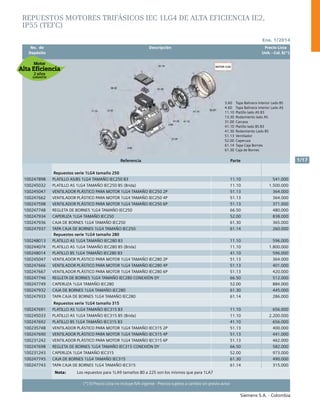 No. de	 Descripción	 Precio Lista
	 Depósito		 Unit. - Col. $(*)
Ene. 1/2014
Siemens S.A. - Colombia
1/17
(*) El Precio Lista no incluye IVA vigente - Precios sujetos a cambio sin previo aviso
REPUESTOS MOTORES TRIFÁSICOS IEC 1LG4 DE ALTA EFICIENCIA IE2,
IP55 (TEFC)
Referencia Parte
Repuestos serie 1LG4 tamaño 250
100247898 PLATILLO AS/BS 1LG4 TAMAÑO IEC250 B3 11.10 541.000
100245032 PLATILLO AS 1LG4 TAMAÑO IEC250 B5 (Brida) 11.10 1.500.000
100245047 VENTILADOR PLÁSTICO PARA MOTOR 1LG4 TAMAÑO IEC250 2P 51.13 364.000
100247662 VENTILADOR PLÁSTICO PARA MOTOR 1LG4 TAMAÑO IEC250 4P 51.13 364.000
100247598 VENTILADOR PLÁSTICO PARA MOTOR 1LG4 TAMAÑO IEC250 6P 51.13 371.000
100247748 REGLETA DE BORNES 1LG4 TAMAÑO IEC250 66.50 480.000
100247934 CAPERUZA 1LG4 TAMAÑO IEC250 52.00 838.000
100247936 CAJA DE BORNES 1LG4 TAMAÑO IEC250 61.30 365.000
100247937 TAPA CAJA DE BORNES 1LG4 TAMAÑO IEC250 61.14 260.000
Repuestos serie 1LG4 tamaño 280
100248013 PLATILLO AS 1LG4 TAMAÑO IEC280 B3 11.10 596.000
100244074 PLATILLO AS 1LG4 TAMAÑO IEC280 B5 (Brida) 11.10 1.800.000
100248014 PLATILLO BS 1LG4 TAMAÑO IEC280 B3 41.10 596.000
100245047 VENTILADOR PLÁSTICO PARA MOTOR 1LG4 TAMAÑO IEC280 2P 51.13 364.000
100247666 VENTILADOR PLÁSTICO PARA MOTOR 1LG4 TAMAÑO IEC280 4P 51.13 401.000
100247667 VENTILADOR PLÁSTICO PARA MOTOR 1LG4 TAMAÑO IEC280 6P 51.13 420.000
100247746 REGLETA DE BORNES 1LG4 TAMAÑO IEC280 CONEXIÓN DY 66.50 512.000
100247749 CAPERUZA 1LG4 TAMAÑO IEC280 52.00 884.000
100247932 CAJA DE BORNES 1LG4 TAMAÑO IEC280 61.30 445.000
100247933 TAPA CAJA DE BORNES 1LG4 TAMAÑO IEC280 61.14 286.000
Repuestos serie 1LG4 tamaño 315
100247691 PLATILLO AS 1LG4 TAMAÑO IEC315 B3 11.10 656.000
100245033 PLATILLO AS 1LG4 TAMAÑO IEC315 B5 (Brida) 11.10 2.200.000
100247692 PLATILLO BS 1LG4 TAMAÑO IEC315 B3 41.10 656.000
100235748 VENTILADOR PLÁSTICO PARA MOTOR 1LG4 TAMAÑO IEC315 2P 51.13 400.000
100247690 VENTILADOR PLÁSTICO PARA MOTOR 1LG4 TAMAÑO IEC315 4P 51.13 441.000
100231242 VENTILADOR PLÁSTICO PARA MOTOR 1LG4 TAMAÑO IEC315 6P 51.13 462.000
100247698 REGLETA DE BORNES 1LG4 TAMAÑO IEC315 CONEXIÓN DY 66.50 582.000
100231243 CAPERUZA 1LG4 TAMAÑO IEC315 52.00 973.000
100247745 CAJA DE BORNES 1LG4 TAMAÑO IEC315 61.30 490.000
100247743 TAPA CAJA DE BORNES 1LG4 TAMAÑO IEC315 61.14 315.000
Nota:		 Los repuestos para 1LA9 tamaños 80 a 225 son los mismos que para 1LA7
3.60 	 Tapa Balinera interior Lado BS
4.60 	 Tapa Balinera interior Lado AS
11.10 	Platillo lado AS B3
13.30 	Rodamiento lado AS
31.00 	Carcasa
41.10	 Platillo lado BS B3
41.30	 Rodamiento Lado BS
51.13	Ventilador
52.00	Caperuza
61.14	 Tapa Caja Bornes
61.30	 Caja de Bornes
 