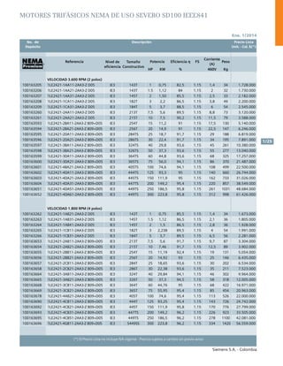 No. de	 Descripción	 Precio Lista
	 Depósito		 Unit. - Col. $(*)
Ene. 1/2014
Siemens S.A. - Colombia
1/25
(*) El Precio Lista no incluye IVA vigente - Precios sujetos a cambio sin previo aviso
Referencia Nivel de
eficiencia
Tamaño
Constructivo
Potencia Eficiencia η FS
Corriente
(A)
Peso
HP KW % 460V Kg
VELOCIDAD 3.600 RPM (2 polos)
100163205 1LE2421-1AA11-2AA3-Z D05 IE3 143T 1 0,75 82,5 1.15 1,4 34 1.728.000
100163206 1LE2421-1AA21-2AA3-Z D05 IE3 143T 1.5 1,12 84 1.15 2 32 1.730.000
100163207 1LE2421-1AA31-2AA3-Z D05 IE3 145T 2 1,50 85,5 1.15 2,5 33 2.182.000
100163208 1LE2421-1CA11-2AA3-Z D05 IE3 182T 3 2,2 86,5 1.15 3,8 49 2.200.000
100163209 1LE2421-1CA31-2AA3-Z D05 IE3 184T 5 3,7 88,5 1.15 6 54 2.545.000
100163260 1LE2421-2AA11-2AA3-Z D05 IE3 213T 7,5 5,6 89,5 1.15 8,8 73 3.120.000
100163261 1LE2421-2AA21-2AA3-Z D05 IE3 215T 10 7,5 90,2 1.15 11,5 79 3.588.000
100163593 1LE2421-2BA11-2AA3-Z B09+D05 IE3 254T 15 11,2 91 1.15 17,5 130 5.140.000
100163594 1LE2421-2BA21-2AA3-Z B09+D05 IE3 256T 20 14,9 91 1.15 22,5 147 6.246.000
100163595 1LE2421-2DA11-2AA3-Z B09+D05 IE3 284TS 25 18,7 91,7 1.15 29 188 6.819.000
100163596 1LE2421-2DA21-2AA3-Z B09+D05 IE3 286TS 30 22,4 91,7 1.15 34 195 7.891.000
100163597 1LE2421-3BA11-2AA3-Z B09+D05 IE3 324TS 40 29,8 93,6 1.15 45 261 10.380.000
100163598 1LE2421-3BA21-2AA3-Z B09+D05 IE3 326TS 50 37,3 93,6 1.15 55 277 13.040.000
100163599 1LE2421-3DA11-2AA3-Z B09+D05 IE3 364TS 60 44,8 93,6 1.15 68 325 17.257.000
100163600 1LE2421-3DA21-2AA3-Z B09+D05 IE3 365TS 75 56,0 94,1 1.15 86 370 21.487.000
100163601 1LE2421-4BA21-2AA3-Z B09+D05 IE3 405TS 100 74,6 94,1 1.15 108 499 22.500.000
100163602 1LE2421-4DA11-2AA3-Z B09+D05 IE3 444TS 125 93,3 95 1.15 140 660 26.744.000
100163603 1LE2421-4DA21-2AA3-Z B09+D05 IE3 445TS 150 111,9 95 1.15 162 733 31.026.000
100163604 1LE2421-4DA31-2AA3-Z B09+D05 IE3 447TS 200 149,2 95,4 1.15 220 857 38.549.000
100163651 1LE2421-4DA51-2AA3-Z B09+D05 IE3 449TS 250 186,5 95,8 1.15 261 1031 48.684.000
100163652 1LE2421-4DA61-2AA3-Z B09+D05 IE3 449TS 300 223,8 95,8 1.15 312 998 61.426.000
VELOCIDAD 1.800 RPM (4 polos)
100163262 1LE2421-1AB21-2AA3-Z D05 IE3 143T 1 0,75 85,5 1.15 1,4 34 1.673.000
100163263 1LE2421-1AB31-2AA3-Z D05 IE3 145T 1.5 1,12 86,5 1.15 2,1 36 1.805.000
100163264 1LE2421-1AB41-2AA3-Z D05 IE3 145T 2 1,5 86,5 1.15 2,8 36 1.928.000
100163265 1LE2421-1CB11-2AA3-Z D05 IE3 182T 3 2,238 89,5 1.15 4 54 1.991.000
100163266 1LE2421-1CB31-2AA3-Z D05 IE3 184T 5 3,7 89,5 1.15 6,5 56 2.281.000
100163653 1LE2421-2AB11-2AA3-Z B09+D05 IE3 213T 7,5 5,6 91,7 1.15 9,7 87 3.304.000
100163654 1LE2421-2AB21-2AA3-Z B09+D05 IE3 215T 10 7,46 91,7 1.15 12,5 89 3.902.000
100163655 1LE2421-2BB11-2AA3-Z B09+D05 IE3 254T 15 11,19 92,4 1.15 19 131 5.054.000
100163656 1LE2421-2BB21-2AA3-Z B09+D05 IE3 256T 20 14,92 93 1.15 25 146 6.435.000
100163657 1LE2421-2CB11-2AA3-Z B09+D05 IE3 284T 25 18,65 93,6 1.15 30 202 6.534.000
100163658 1LE2421-2CB21-2AA3-Z B09+D05 IE3 286T 30 22,38 93,6 1.15 35 211 7.523.000
100163664 1LE2421-3AB11-2AA3-Z B09+D05 IE3 324T 40 29,84 94,1 1.15 46 302 9.964.000
100163665 1LE2421-3AB21-2AA3-Z B09+D05 IE3 326T 50 37,3 94,5 1.15 58 318 12.005.000
100163668 1LE2421-3CB11-2AA3-Z B09+D05 IE3 364T 60 44,76 95 1.15 68 422 16.971.000
100163669 1LE2421-3CB21-2AA3-Z B09+D05 IE3 365T 75 55,95 95,4 1.15 85 454 20.963.000
100163678 1LE2421-4AB21-2AA3-Z B09+D05 IE3 405T 100 74,6 95,4 1.15 113 526 22.000.000
100163690 1LE2421-4CB11-2AA3-Z B09+D05 IE3 444T 125 93,25 95,4 1.15 143 726 24.742.000
100163692 1LE2421-4CB21-2AA3-Z B09+D05 IE3 445T 150 111,9 95,8 1.15 170 776 27.799.000
100163693 1LE2421-4CB31-2AA3-Z B09+D05 IE3 447TS 200 149,2 96,2 1.15 226 923 33.505.000
100163695 1LE2421-4CB51-2AA3-Z B09+D05 IE3 449TS 250 186,5 96,2 1.15 278 1100 42.081.000
100163696 1LE2421-4GB11-2AA3-Z B09+D05 IE3 S449SS 300 223,8 96,2 1.15 334 1420 56.559.000
Motores trifásicos NEMA de uso severo SD100 IEEE841
 