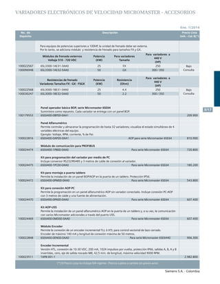 Siemens S.A. - Colombia
	 No. de	 Descripción	 Precio Lista
	 Depósito		 Unit. - Col. $(*)
Siemens S.A. - Colombia
3/17
(*) El Precio Lista no incluye IVA vigente - Precios sujetos a cambio sin previo aviso
Ene. 1/2014
Módulos de frenado externos
Voltaje 510 - 720 VDC
Potencia
(KW)
Para variadores
Tamaño
Para variadores a
440 V
(HP)
100022567 6SL3300-1AE31-3AA0 25 FX 250 Bajo
Consulta100096948 6SL3300-1AE32-5AA0 50 GX 300 / 350
Resistencias de frenado
Variadores Tamaños FX - GX - FSGX
Potencia
(KW)
Resistencia
(Ohm)
Para variadores a
440 V
(HP)
100022568 6SL3000-1BE31-3AA0 25 4.4 250 Bajo
Consulta100030247 6SL3000-1BE32-5AA0 50 2.2 300 / 350
Para equipos de potencias superiores a 100HP, la unidad de frenado debe ser externa.
Por lo tanto, se adiciona módulo y resistencia de frenado para tamaños FX y GX.
VARIADORES ELECTRÓNICOS DE VELOCIDAD MICROMASTER - ACCESORIOS
Panel operador básico BOP, serie Micromaster 6SE64
Suministro como repuesto. Cada variador se entrega con un panel BOP.
100179553 6SE6400-0BP00-0AA1 209.900
Panel Alfanumérico
Permite controlar y almacenar la programación de hasta 32 variadores; visualiza el estado simultáneo de 4
variables eléctricas del equipo.
Ejemplo: Voltaje, RPM, corriente, % de Par.
100022816 6SE6400-0AP00-0AA1 AOP para serie Micromaster 6SE64 810.900
Módulo de comunicación para PROFIBUS
100024474 6SE6400-1PB00-0AA0 Para serie Micromaster 6SE64 720.800
Kit para programación del variador por medio de PC
Incluye conversor RS232/RS485 y 3 metros de cable de conexión al variador.
100024475 6SE6400-1PC00-0AA0 Para serie Micromaster 6SE64 180.200
Kit para montaje a puerta tablero
Permite la instalación de un panel BOP/AOP en la puerta de un tablero. Protección IP56.
100024472 6SE6400-0PM00-0AA0 Para serie Micromaster 6SE64 543.800
Kit para conexión AOP-PC
Permite la programación en un panel alfanumérico AOP sin variador conectado. Incluye conexión PC-AOP
con 3 metros de cable y una fuente de alimentación.
100024470 6SE6400-0PA00-0AA0 Para serie Micromaster 6SE64 607.400
Kit AOP-USS
Permite la instalación de un panel alfanumérico AOP en la puerta de un tablero y, a su vez, la comunicación
con varios Micromaster adicionales a través del puerto USS.
100024469 6SE6400-0MD00-0AA0 Para serie Micromaster 6SE64 607.400
Módulo Encoder
Permite la conexión de un encoder incremental TLL ó HTL para control vectorial de lazo cerrado.
Encoder de máximo 140 mA y longitud de conexión máxima de 50 metros.
100022848 6SE6400-0EN00-0AA0 Para serie Micromaster 6SE6440 906.300
Encoder Incremental
Versión HTL, conexión de 10-30 VDC, 200 mA, 1024 impulsos por vuelta, protección IP66, salidas A, B, A y B
invertidas, cero, eje de salida roscado M8, 42,5 mm. de longitud, máxima velocidad 9000 RPM.
100023511 1XP8 001-1 2.982.800
 