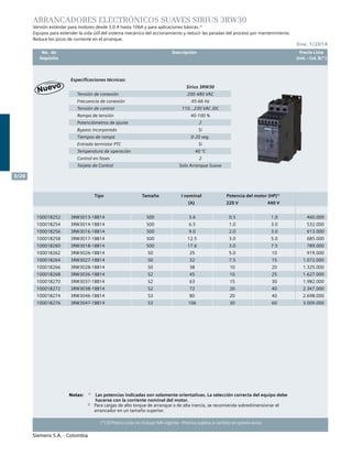 Siemens S.A. - Colombia
	 No. de	 Descripción	 Precio Lista
	 Depósito		 Unit. - Col. $(*)
Siemens S.A. - Colombia
3/20
(*) El Precio Lista no incluye IVA vigente - Precios sujetos a cambio sin previo aviso(*) El Precio Lista no incluye IVA vigente - Precios sujetos a cambio sin previo aviso
Arrancadores electrónicos suaves SIRIUS 3RW30
Versión estándar para motores desde 3,0 A hasta 106A y para aplicaciones básicas.2)
Equipos para extender la vida útil del sistema mecánico del accionamiento y reducir las paradas del proceso por mantenimiento.
Reduce los picos de corriente en el arranque.
Tipo Tamaño I nominal Potencia del motor (HP)1)
(A) 220 V 440 V
100018252 3RW3013-1BB14 S00 3.6 0.5 1.0 460.000
100018254 3RW3014-1BB14 S00 6.5 1.0 3.0 532.000
100018256 3RW3016-1BB14 S00 9.0 2.0 3.0 613.000
100018258 3RW3017-1BB14 S00 12.5 3.0 5.0 685.000
100018260 3RW3018-1BB14 S00 17.6 3.0 7.5 789.000
100018262 3RW3026-1BB14 S0 25 5.0 10 919.000
100018264 3RW3027-1BB14 S0 32 7.5 15 1.072.000
100018266 3RW3028-1BB14 S0 38 10 20 1.325.000
100018268 3RW3036-1BB14 S2 45 10 25 1.627.000
100018270 3RW3037-1BB14 S2 63 15 30 1.982.000
100018272 3RW3038-1BB14 S2 72 20 40 2.347.000
100018274 3RW3046-1BB14 S3 80 20 40 2.698.000
100018276 3RW3047-1BB14 S3 106 30 60 3.009.000
Especificaciones técnicas:
Sirius 3RW30
Tensión de conexión 200-480 VAC
Frecuencia de conexión 45-66 Hz
Tensión de control 110...230 VAC /DC
Rampa de tensión 40-100 %
Potenciómetros de ajuste 2
Bypass incorporado Si
Tiempos de rampa 0-20 seg.
Entrada termistor PTC Si
Temperatura de operación 40 ºC
Control en fases 2
Tarjeta de Control Solo Arranque Suave
Notas:	 1)
	 Las potencias indicadas son solamente orientativas. La selección correcta del equipo debe
		 hacerse con la corriente nominal del motor.			
	 2)
	 Para cargas de alto torque de arranque o de alta inercia, se recomienda sobredimensionar el
		 arrancador en un tamaño superior.			
Ene. 1/2014
 