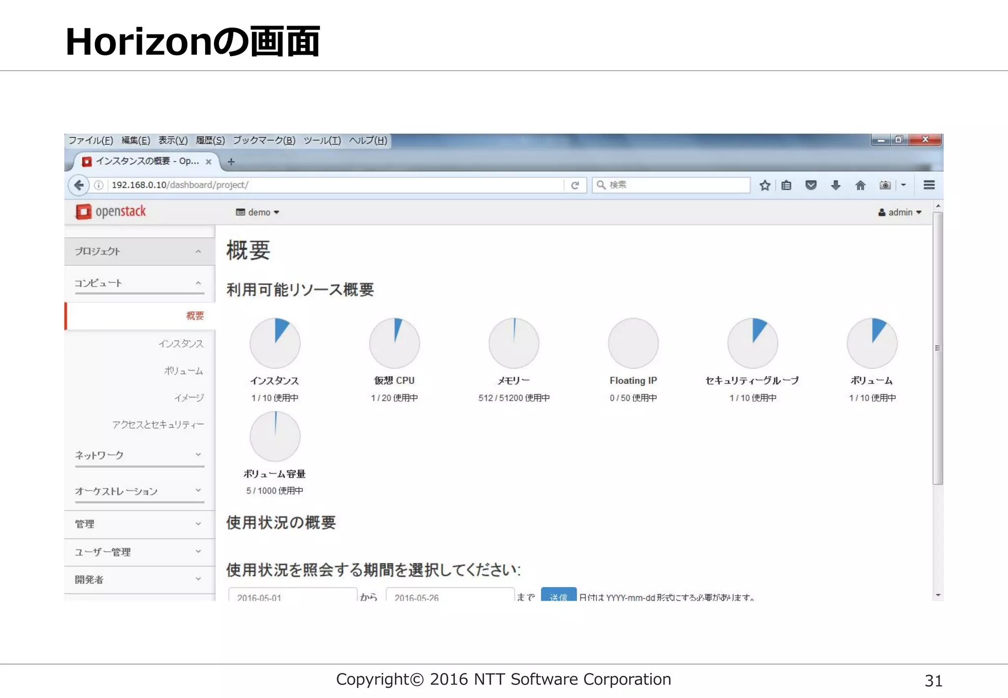 Copyright© 2016 NTT Software Corporation 31
Horizonの画面
 