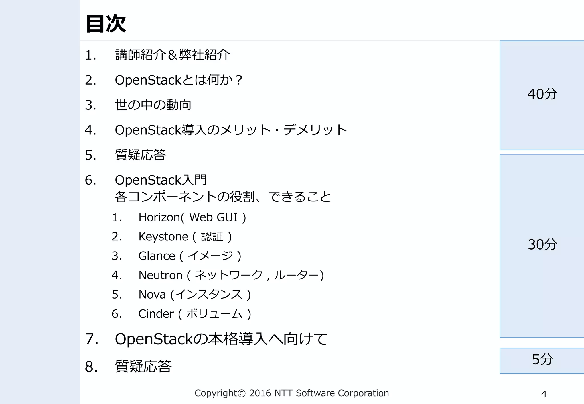Copyright© 2016 NTT Software Corporation 4
目次
1. 講師紹介＆弊社紹介
2. OpenStackとは何か？
3. 世の中の動向
4. OpenStack導入のメリット・デメリット
5. 質疑応答
6. OpenStack入門
各コンポーネントの役割、できること
1. Horizon( Web GUI )
2. Keystone ( 認証 )
3. Glance ( イメージ )
4. Neutron ( ネットワーク , ルーター)
5. Nova (インスタンス )
6. Cinder ( ボリューム )
7. OpenStackの本格導入へ向けて
8. 質疑応答
40分
30分
5分
 