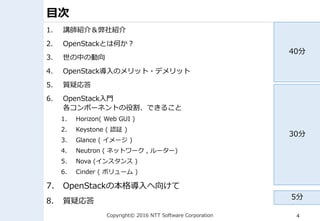 Copyright© 2016 NTT Software Corporation 4
目次
1. 講師紹介＆弊社紹介
2. OpenStackとは何か？
3. 世の中の動向
4. OpenStack導入のメリット・デメリット
5. 質疑応答
6. OpenStack入門
各コンポーネントの役割、できること
1. Horizon( Web GUI )
2. Keystone ( 認証 )
3. Glance ( イメージ )
4. Neutron ( ネットワーク , ルーター)
5. Nova (インスタンス )
6. Cinder ( ボリューム )
7. OpenStackの本格導入へ向けて
8. 質疑応答
40分
30分
5分
 