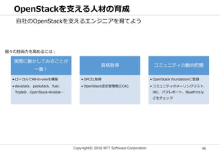 Copyright© 2016 NTT Software Corporation 46
OpenStackを支える人材の育成
実際に動かしてみることが
一番！
• ローカルでAll-in-oneを構築
• devstack、packstack、fuel、
TripleO、OpenStack-Ansible…
資格取得
• OPCEL取得
• OpenStack認定管理者(COA)
コミュニティの動向把握
• OpenStack foundationに登録
• コミュニティのメーリングリスト、
IRC、バグレポート、BluePrintな
どをチェック
自社のOpenStackを支えるエンジニアを育てよう
個々の技術力を高めるには：
 