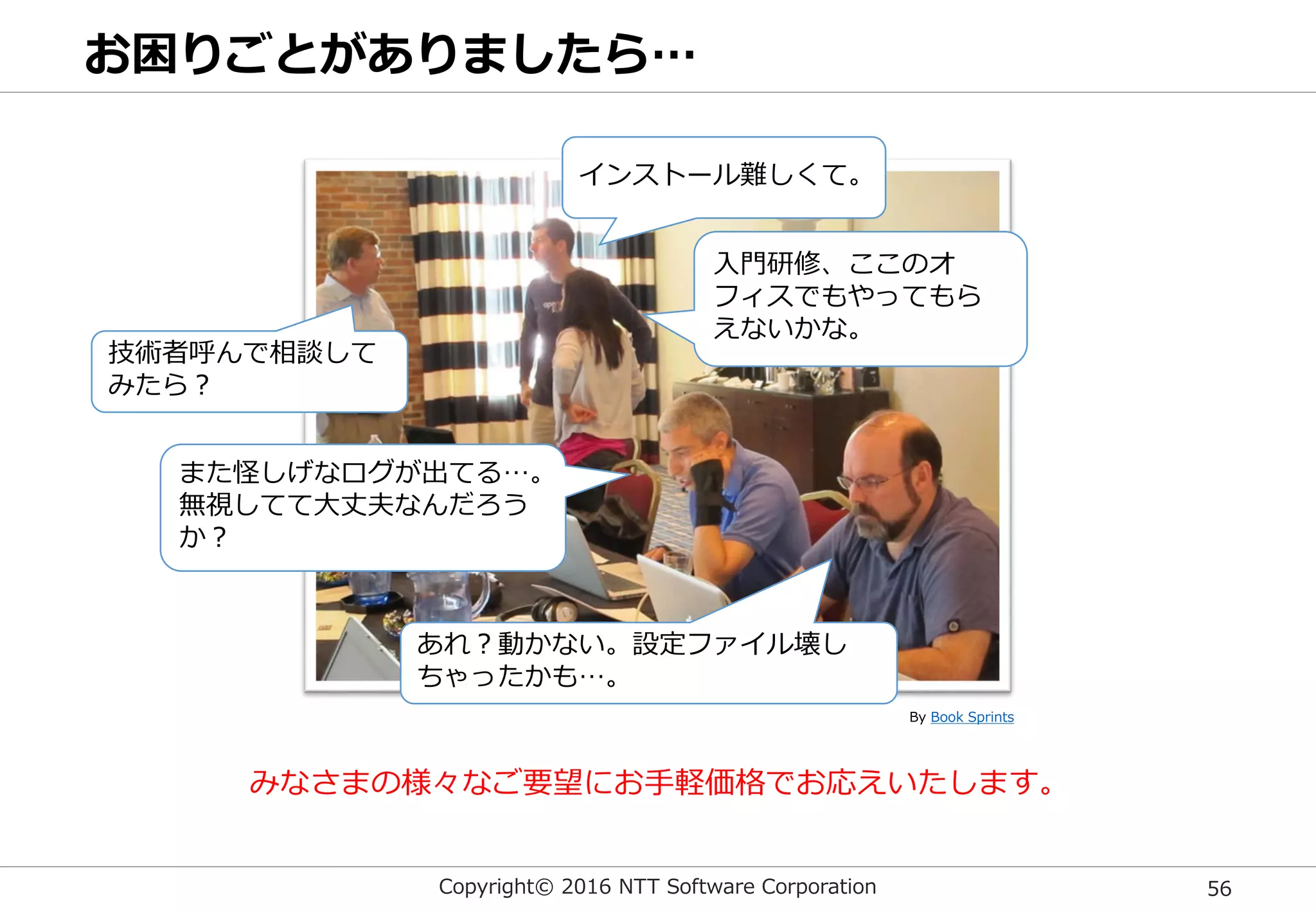 Copyright© 2016 NTT Software Corporation 56
お困りごとがありましたら…
By Book Sprints
みなさまの様々なご要望にお手軽価格でお応えいたします。
あれ？動かない。設定ファイル壊し
ちゃったかも…。
インストール難しくて。
技術者呼んで相談して
みたら？
入門研修、ここのオ
フィスでもやってもら
えないかな。
また怪しげなログが出てる…。
無視してて大丈夫なんだろう
か？
 