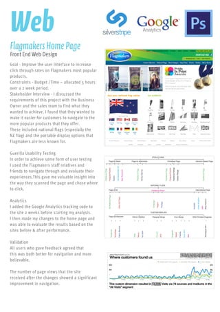 Goal - Improve the user interface to increase
click through rates on Flagmakers most popular
products.
Constraints - Budget /Time – allocated 5 hours
over a 2 week period.
Stakeholder Interview - I discussed the
requirements of this project with the Business
Owner and the sales team to find what they
wanted to achieve. I found that they wanted to
make it easier for customers to navigate to the
more popular products that they offer.
These included national flags (especially the
NZ flag) and the portable display options that
Flagmakers are less known for.
Guerilla Usability Testing
In order to achieve some form of user testing
I used the Flagmakers staff relatives and
friends to navigate through and evaluate their
experiences.This gave me valuable insight into
the way they scanned the page and chose where
to click.
Analytics
I added the Google Analytics tracking code to
the site 2 weeks before starting my analysis.
I then made my changes to the home page and
was able to evaluate the results based on the
sites before & after performance.
Validation
All users who gave feedback agreed that
this was both better for navigation and more
believable.
The number of page views that the site
received after the changes showed a significant
improvement in navigation.
FlagmakersHomePage
Front End Web Design
Web
STOCK FLAGS
NATIONAL FLAGS
CUSTOM DISPLAYS
Flags for Retail
Flags of NZ
Flags and Banners Interior Displays Flexipole Range Euro Range Other Portable Flagpoles
TraditionalFlags
Dragonfly
Vega
Traditional
Curved
Soveriegn
NZNationalFlags
TraditionalFlags
TraditionalFlags
TraditionalFlags
VerticalBanner
TraditionalRange
ClassicRange
Flexipole/Flexilite
Splash
Nexus
Streetflags
XPX
Regent
OtherNZFlags
Flexipole/Flexilite
Splash
Flexilite
IceSatin
FabricBanners
Prestige
Australia
Xtendapole/Max90
EuroXPX
UnitedKingdom
MaxPavement
Max
USA
OtherNationsXtendapoleXP1
Flags for Automotive Christmas Flags General Interest Flags
International Flags“Traditional Poles”
 