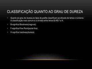 CLASSIFICAÇÃO QUANTO AO GRAU DE DUREZA
• Quanto ao grau de dureza,os lápis de grafite classificam-se através de letras e números.
A classificação mais comum é a divisão entre letras B,HB,F e H.
• B-significa Blackness(negrura).
• F-significa Fine Point(ponta fina).
• H significa hardness(dureza).
 