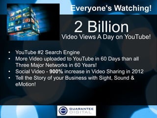 Everyone's Watching!

                          2 Billion
                     Video Views A Day on YouTube!

• YouTube #2 Search Engine
• More Video uploaded to YouTube in 60 Days than all
  Three Major Networks in 60 Years!
• Social Video - 900% increase in Video Sharing in 2012
• Tell the Story of your Business with Sight, Sound &
  eMotion!
 