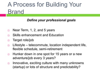 A Process for Building Your
Brand
Define your professional goals
 Near Term, 1, 2, and 5 years
 Skills enhancement and Education
 Target role/job
 Lifestyle – telecommute, location independent life,
flexible schedule, semi-retirement
 Hunker down in one spot for 15 years or a new
adventure/job every 3 years?
 Innovative, exciting culture with many unknowns
(startup) or lots of structure and predictability?
 