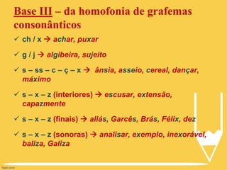  ch / x  achar, puxar
 g / j  algibeira, sujeito
 s – ss – c – ç – x  ânsia, asseio, cereal, dançar,
máximo
 s – x – z (interiores)  escusar, extensão,
capazmente
 s – x – z (finais)  aliás, Garcês, Brás, Félix, dez
 s – x – z (sonoras)  analisar, exemplo, inexorável,
baliza, Galiza
Base III – da homofonia de grafemas
consonânticos
 