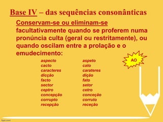 Conservam-se ou eliminam-se
facultativamente quando se proferem numa
pronúncia culta (geral ou restritamente), ou
quando oscilam entre a prolação e o
emudecimento:
Base IV – das sequências consonânticas
aspecto
cacto
caracteres
dicção
facto
sector
ceptro
concepção
corrupto
recepção
aspeto
cato
carateres
dição
fato
setor
cetro
conceção
corruto
receção
AO
 
