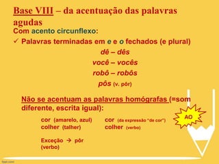 Base VIII – da acentuação das palavras
agudas
Com acento circunflexo:
 Palavras terminadas em e e o fechados (e plural)
dê – dês
você – vocês
robô – robôs
pôs (v. pôr)
Não se acentuam as palavras homógrafas (=som
diferente, escrita igual):
cor (amarelo, azul)
colher (talher)
Exceção  pôr
(verbo)
cor (da expressão “de cor”)
colher (verbo)
AO
 