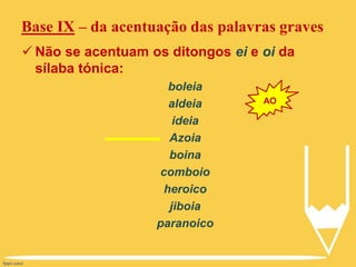 Base IX – da acentuação das palavras graves
 Não se acentuam os ditongos ei e oi da
sílaba tónica:
boleia
aldeia
ideia
Azoia
boina
comboio
heroico
jiboia
paranoico
AO
 