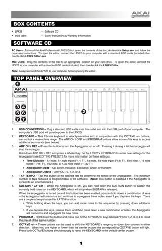 BOX CONTENTS
     LPK25                      Software CD
     USB cable                  Safety Instructions & Warranty Information


 SOFTWARE CD
PC Users: To install the Akai Professional LPK25 Editor, open the contents of the disc, double-click Setup.exe, and follow the
on-screen instructions. To open the editor, connect the LPK25 to your computer with a standard USB cable (included) then
double-click LPK25 Editor.exe.

Mac Users: Drag the contents of the disc to an appropriate location on your hard drive. To open the editor, connect the
LPK25 to your computer with a standard USB cable (included) then double-click the LPK25 Editor.

Note: Always connect the LPK25 to your computer before opening the editor.


 TOP PANEL OVERVIEW
     1




     3 4
     5 6                                                          2
     7 7

1.       USB CONNECTION – Plug a standard USB cable into this outlet and into the USB port of your computer. The
         computer’s USB port will provide power to the LPK25.
2.       KEYBOARD – This 25-note keyboard is velocity-sensitive and, in conjunction with the OCTAVE –/+ buttons,
         can control a nine-octave range. The ARP ON / OFF and PROGRAM buttons allow some of its keys to access
         additional commands (see below).
3.       ARP ON / OFF – Press this button to turn the Arpeggiator on or off. Pressing it during a latched arpeggio will
         stop the arpeggio.
         Hold down ARP ON / OFF and press a labeled key on the LPK25's KEYBOARD to enter new settings for the
         Arpeggiator (see EDITING PRESETS for more information on these settings):
             • Time Division – 1/4 note, 1/4 note triplet ("1/4 T"), 1/8 note, 1/8 note triplet ("1/8 T"), 1/16 note, 1/16 note
               triplet ("1/16 T"), 1/32 note, or 1/32 note triplet ("1/32 T")
             • Arpeggiator Mode – Up, Down, Inclusive, Exclusive, Order, or Random
             • Arpeggiator Octave – ARP OCT 0, 1, 2, or 3
4.       TAP TEMPO – Tap this button at the desired rate to determine the tempo of the Arpeggiator. The minimum
         number of taps required is programmable in the software. (Note: This button is disabled if the Arpeggiator is
         synced to an external clock.)
5.       SUSTAIN / LATCH – When the Arpeggiator is off, you can hold down the SUSTAIN button to sustain the
         currently held notes on the KEYBOARD, which will stop when SUSTAIN is released.
         When the Arpeggiator is turned on and this button has been enabled, you can hold down a combination of keys
         – the Arpeggiator will memorize and continue to arpeggiate these notes, even if you depress the keys. There
         are a couple of ways to use this LATCH function:
             a. While holding down the keys, you can add more notes to the sequence by pressing down additional
                keys.
             b. If you depress the keys, release them, and then press down a new combination of notes, the Arpeggiator
                will memorize and arpeggiate the new notes.
6.       PROGRAM – Hold down this button and press one of the KEYBOARD keys labeled PROG 1, 2, 3 or 4 to recall
         the preset of the same number.
7.       OCTAVE –/+ – These buttons can be used to shift the KEYBOARD's range up or down four octaves in either
         direction. When you are higher or lower than the center octave, the corresponding OCTAVE button will light.
         Press both OCTAVE buttons simultaneously to reset the KEYBOARD to the default center octave.




                                                                1
 
