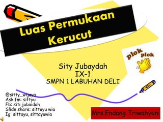 Sity Jubaydah 
IX-1 
SMPN 1 LABUHAN DELI 
Mrs.Endang Triwahyuni 
@sitty_wijaya 
Ask.fm: sittyu 
Fb: siti jubaidah 
Slide share: sittayu wia 
Ig: sittayu, sittayuwia 
 
