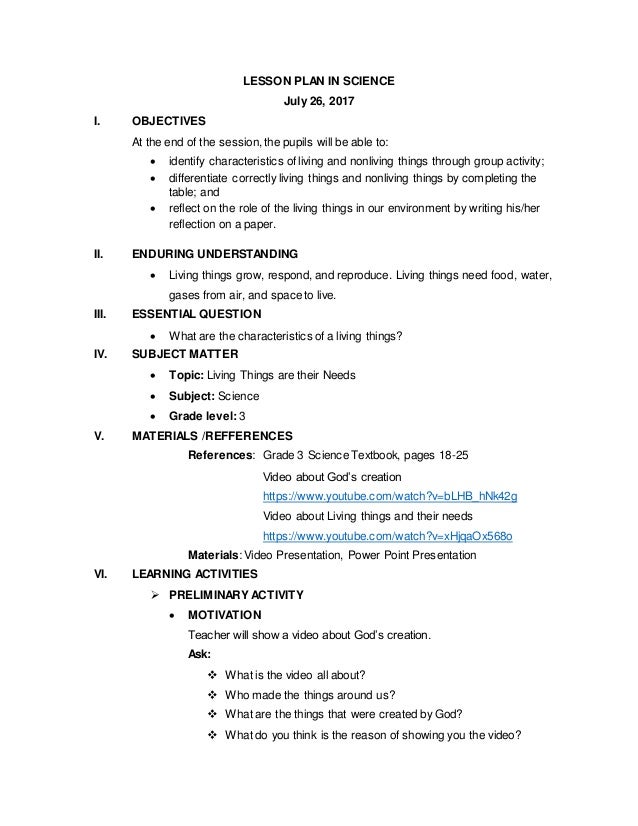 Grade 3 Lesson Plan Living And Nonliving Things