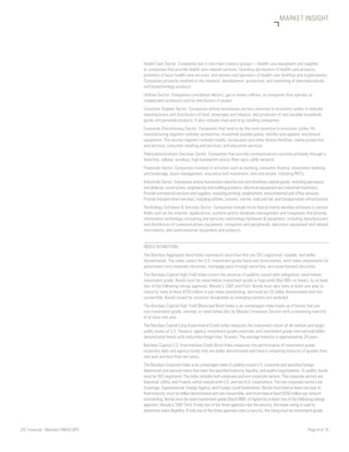LPL Financial Member FINRA/SIPC		 Page 8 of 10
MARKET INSIGHT
Health Care Sector: Companies are in two main industry groups — Health care equipment and supplies
or companies that provide health care-related services, including distributors of health care products,
providers of basic health care services, and owners and operators of health care facilities and organizations.
Companies primarily involved in the research, development, production, and marketing of pharmaceuticals
and biotechnology products.
Utilities Sector: Companies considered electric, gas or water utilities, or companies that operate as
independent producers and/or distributors of power.
Consumer Staples Sector: Companies whose businesses are less sensitive to economic cycles. It includes
manufacturers and distributors of food, beverages and tobacco, and producers of non-durable household
goods and personal products. It also includes food and drug retailing companies.
Consumer Discretionary Sector: Companies that tend to be the most sensitive to economic cycles. Its
manufacturing segment includes automotive, household durable goods, textiles and apparel, and leisure
equipment. The service segment includes hotels, restaurants and other leisure facilities, media production
and services, consumer retailing and services, and education services.
Telecommunications Services Sector: Companies that provide communications services primarily through a
fixed line, cellular, wireless, high bandwidth and/or fiber-optic cable network.
Financials Sector: Companies involved in activities such as banking, consumer finance, investment banking
and brokerage, asset management, insurance and investment, and real estate, including REITs.
Industrials Sector: Companies whose businesses manufacture and distribute capital goods, including aerospace
and defense, construction, engineering and building products, electrical equipment and industrial machinery.
Provide commercial services and supplies, including printing, employment, environmental and office services.
Provide transportation services, including airlines, couriers, marine, road and rail, and transportation infrastructure.
Technology Software  Services Sector: Companies include those that primarily develop software in various
fields such as the internet, applications, systems and/or database management and companies that provide
information technology consulting and services; technology hardware  equipment, including manufacturers
and distributors of communications equipment, computers and peripherals, electronic equipment and related
instruments, and semiconductor equipment and products.
INDEX DEFINITIONS
The Barclays Aggregate Bond Index represents securities that are SEC-registered, taxable, and dollar
denominated. The index covers the U.S. investment-grade fixed rate bond market, with index components for
government and corporate securities, mortgage pass-through securities, and asset-backed securities.
The Barclays Capital High Yield Index covers the universe of publicly issued debt obligations rated below
investment grade. Bonds must be rated below investment-grade or high-yield (Ba1/BB+ or lower), by at least
two of the following ratings agencies: Moody’s, SP, and Fitch. Bonds must also have at least one year to
maturity, have at least $150 million in par value outstanding, and must be US dollar denominated and non-
convertible. Bonds issued by countries designated as emerging markets are excluded.
The Barclays Capital High Yield Municipal Bond Index is an unmanaged index made up of bonds that are
non-investment grade, unrated, or rated below Ba1 by Moody’s Investors Service with a remaining maturity
of at least one year.
The Barclays Capital Long Government/Credit Index measures the investment return of all medium and larger
public issues of U.S. Treasury, agency, investment-grade corporate, and investment-grade international dollar-
denominated bonds with maturities longer than 10 years. The average maturity is approximately 20 years.
Barclays Capital U.S. Intermediate Credit Bond Index measures the performance of investment grade
corporate debt and agency bonds that are dollar denominated and have a remaining maturity of greater than
one year and less than ten years.
The Barclays Corporate Index is an unmanaged index of publicly issued U.S. corporate and specified foreign
debentures and secured notes that meet the specified maturity, liquidity, and quality requirements. To qualify, bonds
must be SEC-registered. The index includes both corporate and non-corporate sectors. The corporate sectors are
Industrial, Utility, and Finance, which include both U.S. and non-U.S. corporations. The non-corporate sectors are
Sovereign, Supranational, Foreign Agency, and Foreign Local Government. Bonds must have at least one year to
final maturity, must be dollar-denominated and non-convertible, and must have at least $250 million par amount
outstanding. Bonds must be rated investment-grade (Baa3/BBB- or higher) by at least two of the following ratings
agencies: Moody’s, SP, Fitch. If only two of the three agencies rate the security, the lower rating is used to
determine index eligibility. If only one of the three agencies rates a security, the rating must be investment-grade.
 
