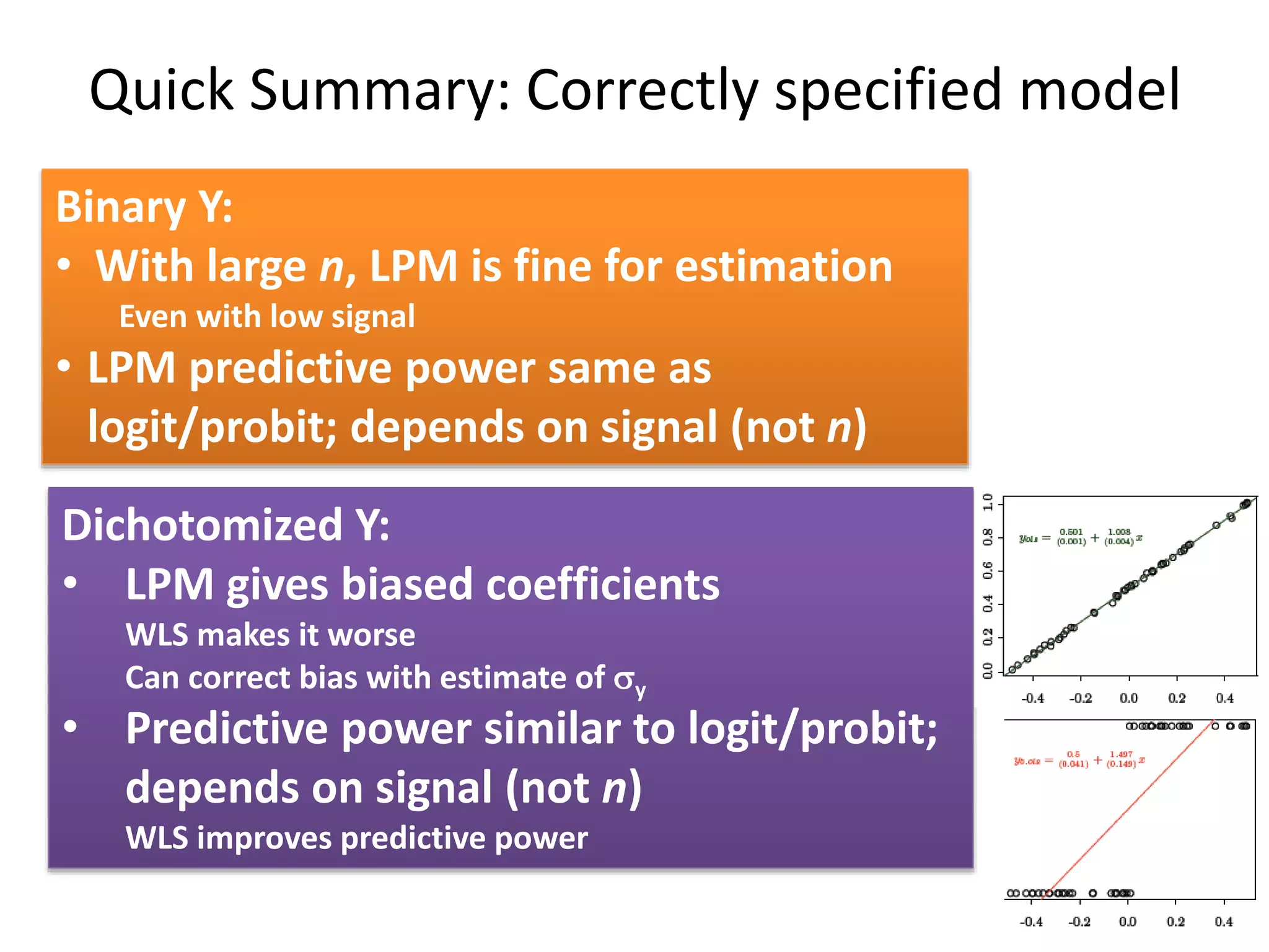 Dichotomized Y:
• LPM gives biased coefficients
WLS makes it worse
Can correct bias with estimate of sy
• Predictive power similar to logit/probit;
depends on signal (not n)
WLS improves predictive power
Quick Summary: Correctly specified model
Binary Y:
• With large n, LPM is fine for estimation
Even with low signal
• LPM predictive power same as
logit/probit; depends on signal (not n)
 