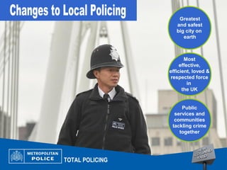 TOTAL POLICING
Most
effective,
efficient, loved &
respected force
in
the UK
Greatest
and safest
big city on
earth
Public
services and
communities
tackling crime
together
 