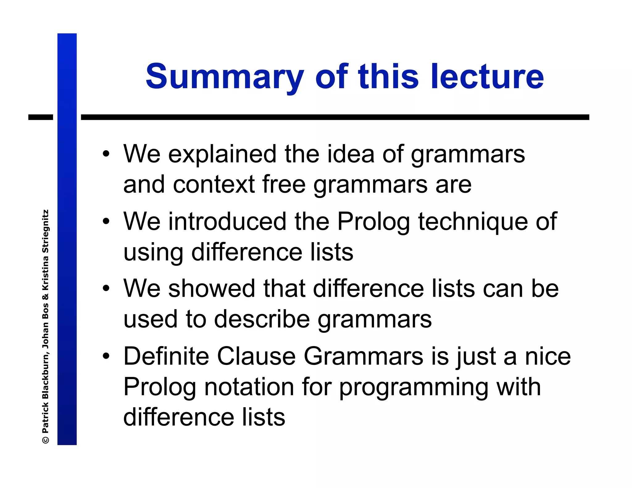 Lecture 7: Definite Clause Grammars