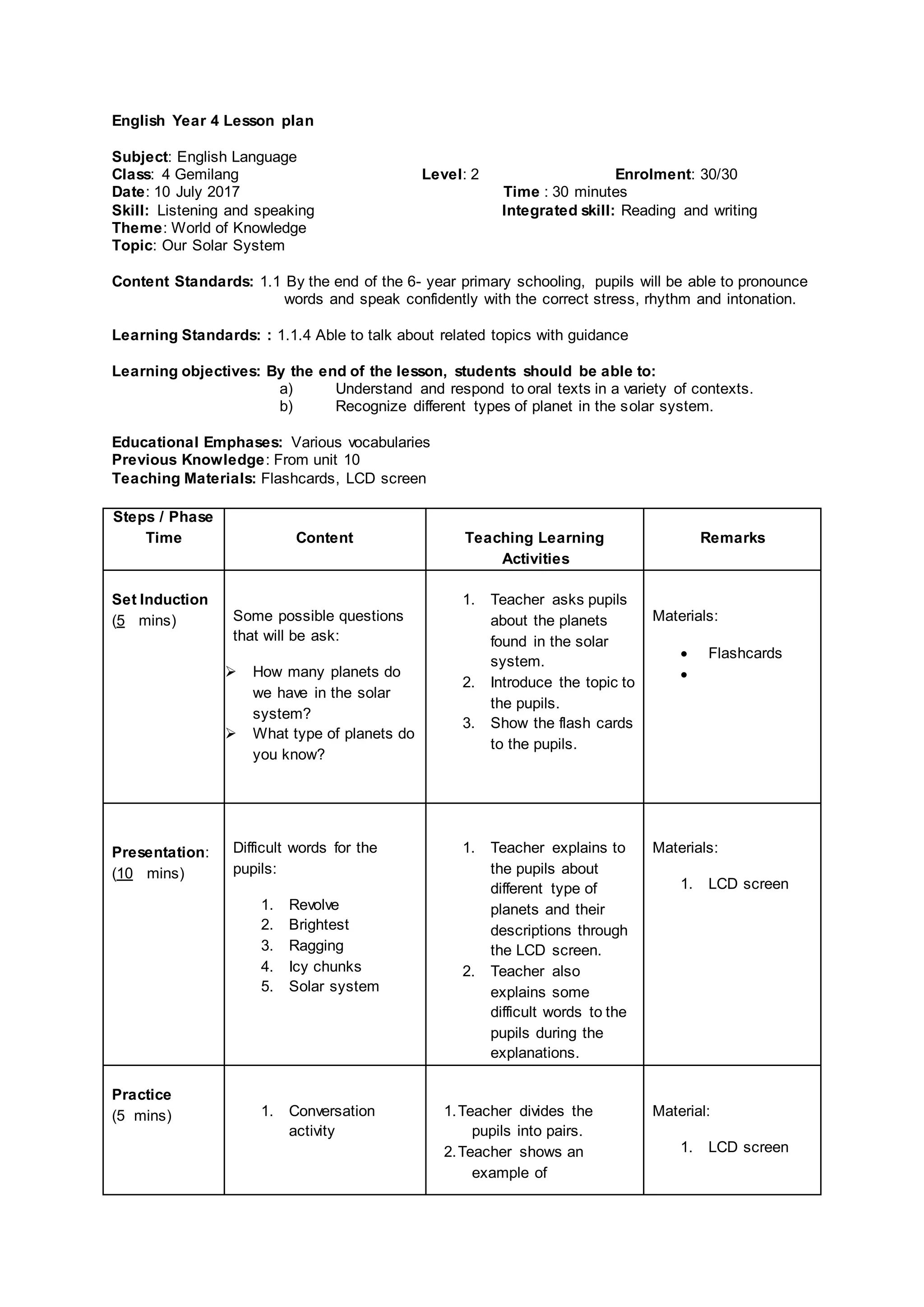 English Year 4 Listening and speaking lesson plan | DOCX