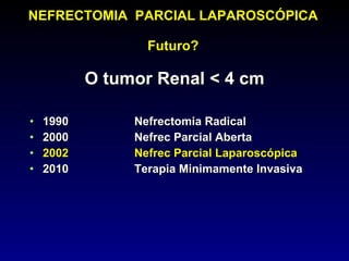 NEFRECTOMIA  PARCIAL LAPAROSCÓPICA  Futuro? O tumor Renal < 4 cm 1990 Nefrectomia Radical 2000 Nefrec Parcial Aberta 2002 Nefrec Parcial Laparoscópica 2010 Terapia Minimamente Invasiva 