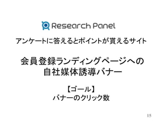 アンケートに答えるとポイントが貰えるサイト

会員登録ランディングページへの
  自社媒体誘導バナー
       【ゴール】
     バナーのクリック数

                        15
 
