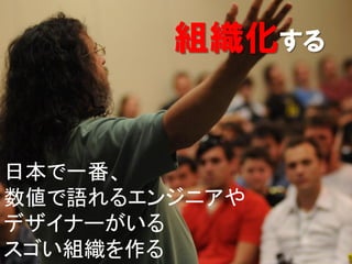 組織化する


日本で一番、
数値で語れるエンジニアや
デザイナーがいる
スゴい組織を作る       29/52
 