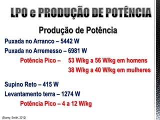 Produção de Potência
  Puxada no Arranco – 5442 W
  Puxada no Arremesso – 6981 W
       Potência Pico – 53 W/kg a 56 W/kg em homens
                         38 W/kg a 40 W/kg em mulheres

  Supino Reto – 415 W
  Levantamento terra – 1274 W
       Potência Pico – 4 a 12 W/kg
(Storey; Smith, 2012)
 