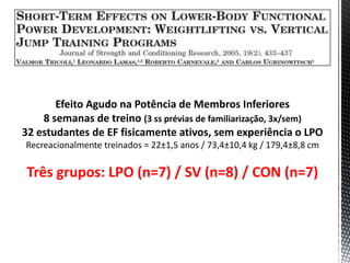 Efeito Agudo na Potência de Membros Inferiores
    8 semanas de treino (3 ss prévias de familiarização, 3x/sem)
32 estudantes de EF fisicamente ativos, sem experiência o LPO
Recreacionalmente treinados = 22±1,5 anos / 73,4±10,4 kg / 179,4±8,8 cm

 Três grupos: LPO (n=7) / SV (n=8) / CON (n=7)
 