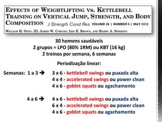 30 homens saudáveis
           2 grupos = LPO (80% 1RM) ou KBT (16 kg)
               2 treinos por semana, 6 semanas
                     Periodização linear:
Semanas: 1 a 3    3 x 6 - kettlebell swings ou puxada alta
                   4 x 4 - accelerated swings ou power clean
                   4 x 6 - goblet squats ou agachamento

         4a6      4 x 6 - kettlebell swings ou puxada alta
                   6 x 4 - accelerated swings ou power clean
                   4 x 6 - goblet squats ou agachamento
 