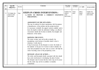 Sr
.
no
Specific
Objectives
Duration
Contents TEACHING
ACTIVITY
LEARNING
ACTIVITY A V AIDS EVALUATION
11 To Explain the
steps in crisis
intervention
2min STEPS IN CRISIS INTERVENTION:-
A. STEPS TO PROVIDE A CORRECT COGNITIVE
PERCEPTION:-
ASSESSMENT OF THE SITUATION:-
This may be achieved by direct questioning with the purpose
of identification of the problem and the people involved.
It is necessary to identify the support systems available and to
know the depth in which the individuals feelings are affected
Assessment should also be done to identify the strengths and
limitations of the victims.
DEFINING THE EVENT:
The victim at times may not be able to identify the
precipitating event because of possible denial or due to
reluctance to talk about it.
It may be necessary for the therapist to review the details of
the incidents in the past 2 to 4 weeks in order to identify the
event that precipitated the crisis such as a review will help the
victim becoming aware of the precipitating event .
DEVELOP A PLAN OF ACTION :-
The victim and the people closely associated with him should
have active involvement in developing the plan of action.
The therapist must be aware that the victim may not be aware
that the victim may not be in condition to mentally
comprehend.
Explains the
steps in
crisis
intervention
Takes
notes
Black
board
LCD
Explain the
steps in crisis
intervention
 
