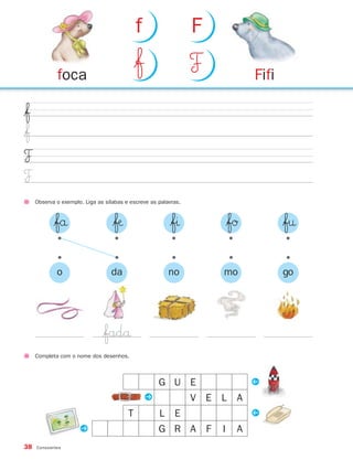 f                   F

             foca
                                             $ƒ                  F                   Fifi

$ƒ
$ƒ
F
F
     Observa o exemplo. Liga as sílabas e escreve as palavras.


            $få                    $ƒæ                   $fı                 $fØ            $f†
            •




                                   •




                                                         •




                                                                             •




                                                                                            •
             •




                                   •




                                                          •




                                                                             •




                                                                                            •
             o                    da                     no              mo                 go




                               $fadå
     Completa com o nome dos desenhos.


                                                                                     P
                                                      G U E
                                                  P              V E L A
                                                                                     P
                                         T            L E
                      P                               G R A          F   I       A
38   Consoantes
 