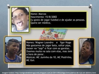 Nome: Marcos
Nascimento: 15/8/2002
Eu gosto de jogar futebol e de ajudar as pessoas.
Quero ser médico.
Nomes: Wagner Leandro e Ygor Hugo
Nós gostamos de jogar bola, soltar pipa,
mexer no “zap” e ficar com as garotas.
Zoamos muito na sala com elas, mas tem
a hora de parar.
Músicas: MC Juninho da 10, MC Pedrinho,
MC Gui.
Imagem futebol: http://amigosdedelmirogouveia.blogspot.com.br/2011/05/antigas-brincadeiras-de-ruas-em-delmiro.html
 