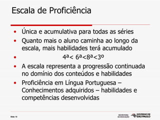 Escala de Proficiência

   • Única e acumulativa para todas as séries
   • Quanto mais o aluno caminha ao longo da
     escala, mais habilidades terá acumulado
   •                4ª< 6ª<8ª<3º
   • A escala representa a progressão continuada
     no domínio dos conteúdos e habilidades
   • Proficiência em Língua Portuguesa –
     Conhecimentos adquiridos – habilidades e
     competências desenvolvidas

Slide 10
 