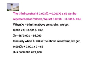 The third constraint .   X + .     X       can be
represented as follows, We set .   X + .      X =
When X = in the above constraint, we get,
 .    x + .       X =
X=    / .     =    ,
Similarly when X = in the above constraint, we get,
 .    X + .       x =
X =    / .    =    ,
 