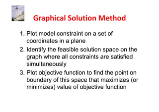 1. Plot model constraint on a set of
   coordinates in a plane
2. Identify the feasible solution space on the
   graph where all constraints are satisfied
   simultaneously
3. Plot objective function to find the point on
   boundary of this space that maximizes (or
   minimizes) value of objective function
 