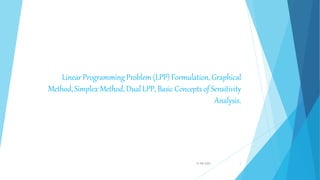 Linear Programming Problem (LPP) Formulation, Graphical
Method, Simplex Method, Dual LPP, Basic Concepts of Sensitivity
Analysis.
12-08-2022 1
 