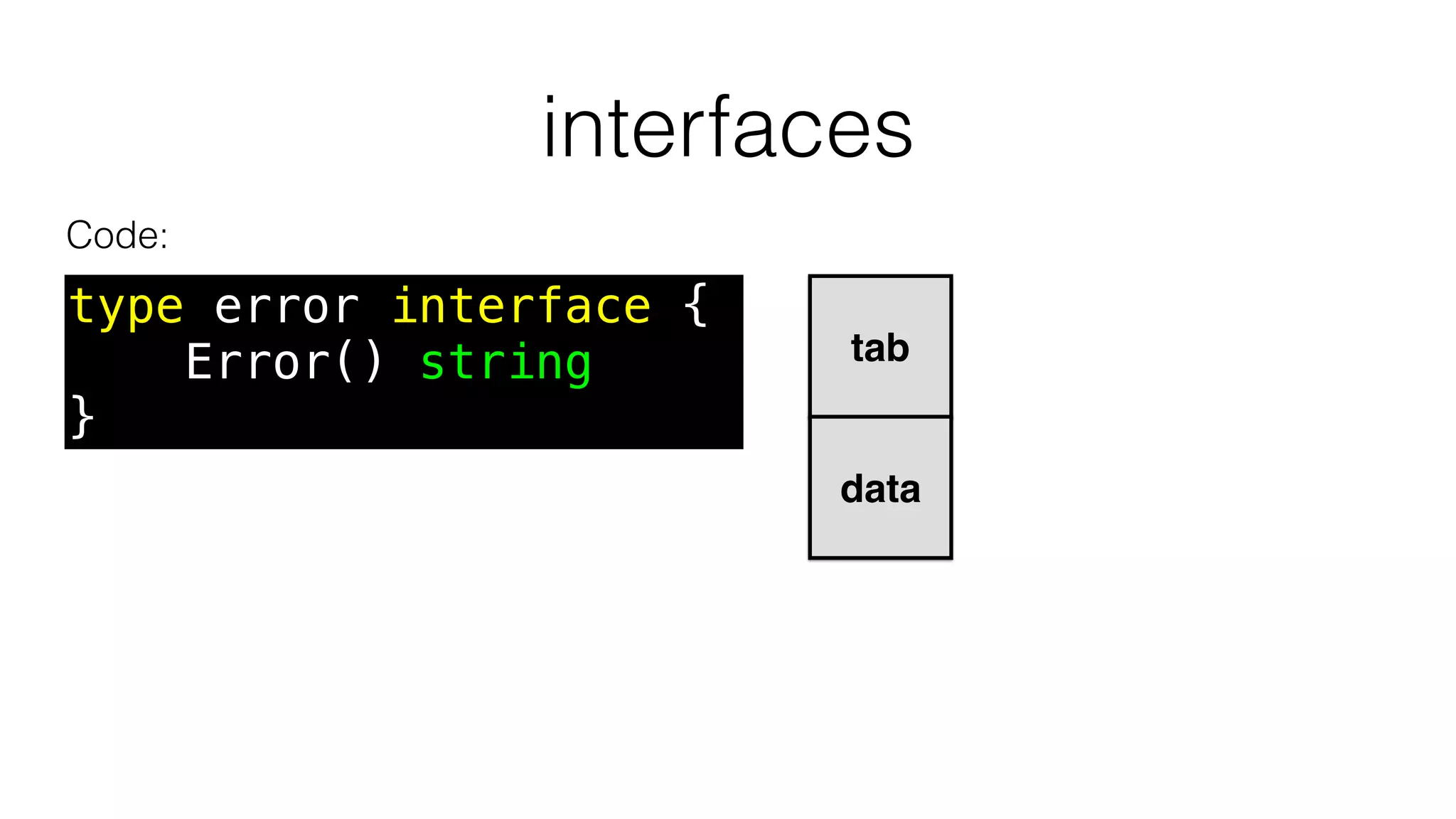 interfaces
Code:
tab
data
type error interface {
Error() string
}
 