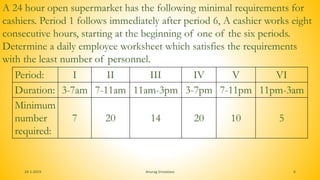 24-1-2019 Anurag Srivastava 6
A 24 hour open supermarket has the following minimal requirements for
cashiers. Period 1 follows immediately after period 6, A cashier works eight
consecutive hours, starting at the beginning of one of the six periods.
Determine a daily employee worksheet which satisfies the requirements
with the least number of personnel.
Period: I II III IV V VI
Duration: 3-7am 7-11am 11am-3pm 3-7pm 7-11pm 11pm-3am
Minimum
number
required:
7 20 14 20 10 5
 