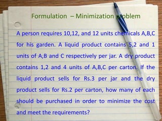 A person requires 10,12, and 12 units chemicals A,B,C
for his garden. A liquid product contains 5,2 and 1
units of A,B and C respectively per jar. A dry product
contains 1,2 and 4 units of A,B,C per carton. If the
liquid product sells for Rs.3 per jar and the dry
product sells for Rs.2 per carton, how many of each
should be purchased in order to minimize the cost
and meet the requirements?
Formulation – Minimization problem
 