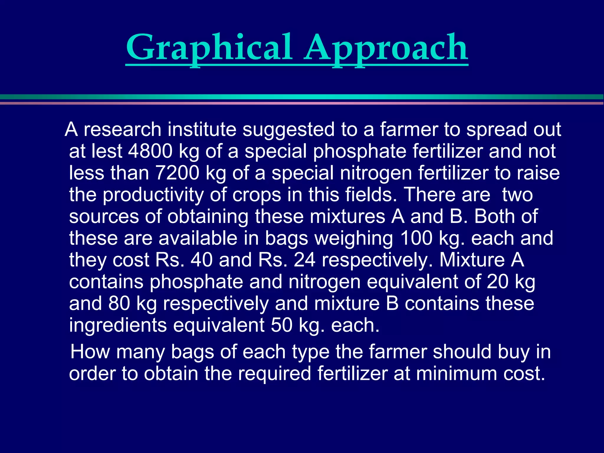 Graphical Approach
A research institute suggested to a farmer to spread out
at lest 4800 kg of a special phosphate fertilizer and not
less than 7200 kg of a special nitrogen fertilizer to raise
the productivity of crops in this fields. There are two
sources of obtaining these mixtures A and B. Both of
these are available in bags weighing 100 kg. each and
they cost Rs. 40 and Rs. 24 respectively. Mixture A
contains phosphate and nitrogen equivalent of 20 kg
and 80 kg respectively and mixture B contains these
ingredients equivalent 50 kg. each.
How many bags of each type the farmer should buy in
order to obtain the required fertilizer at minimum cost.
 