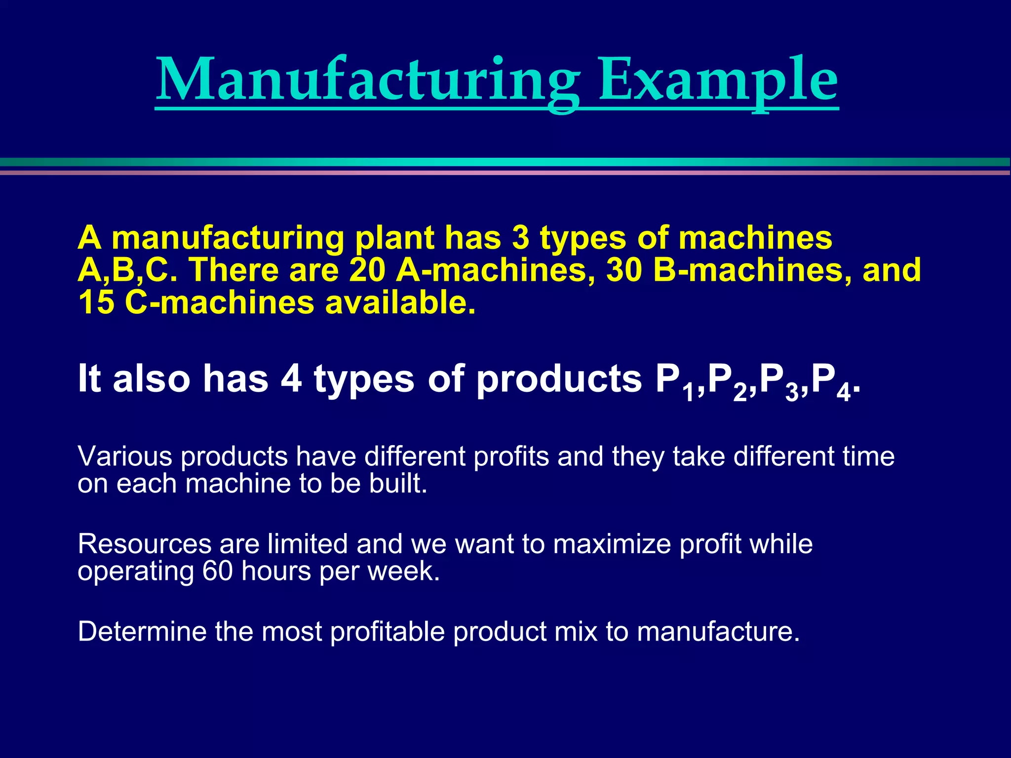 Manufacturing Example
A manufacturing plant has 3 types of machines
A,B,C. There are 20 A-machines, 30 B-machines, and
15 C-machines available.
It also has 4 types of products P1,P2,P3,P4.
Various products have different profits and they take different time
on each machine to be built.
Resources are limited and we want to maximize profit while
operating 60 hours per week.
Determine the most profitable product mix to manufacture.
 